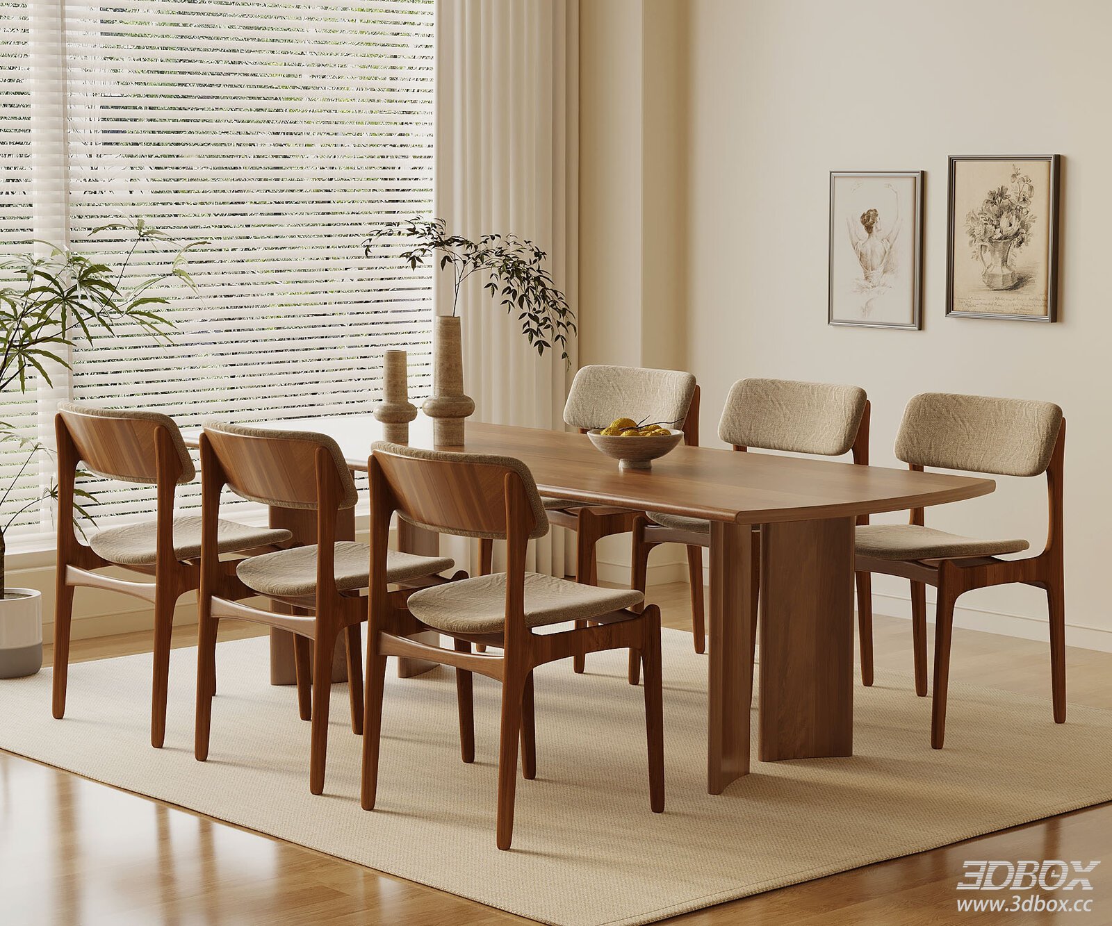 Mid Century Walnut Dining Table and Fabric Chair Set