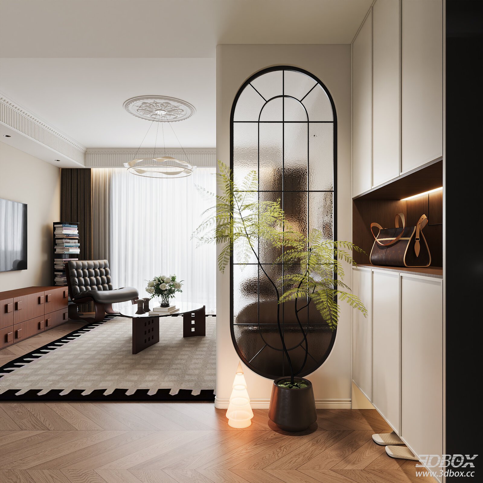 French Vintage Foyer Hallway with Glass Partition and Entry Cabinet