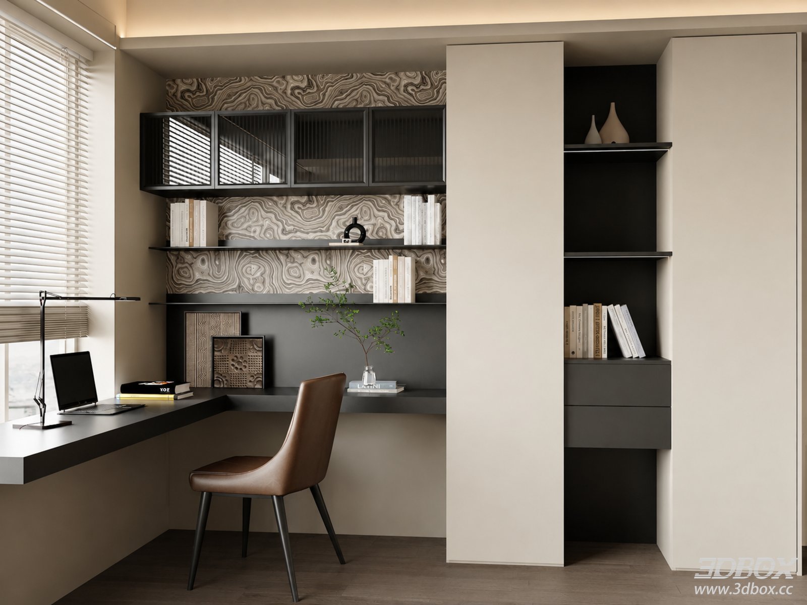 Italian Minimalist Study Room with Desk and Bookcase