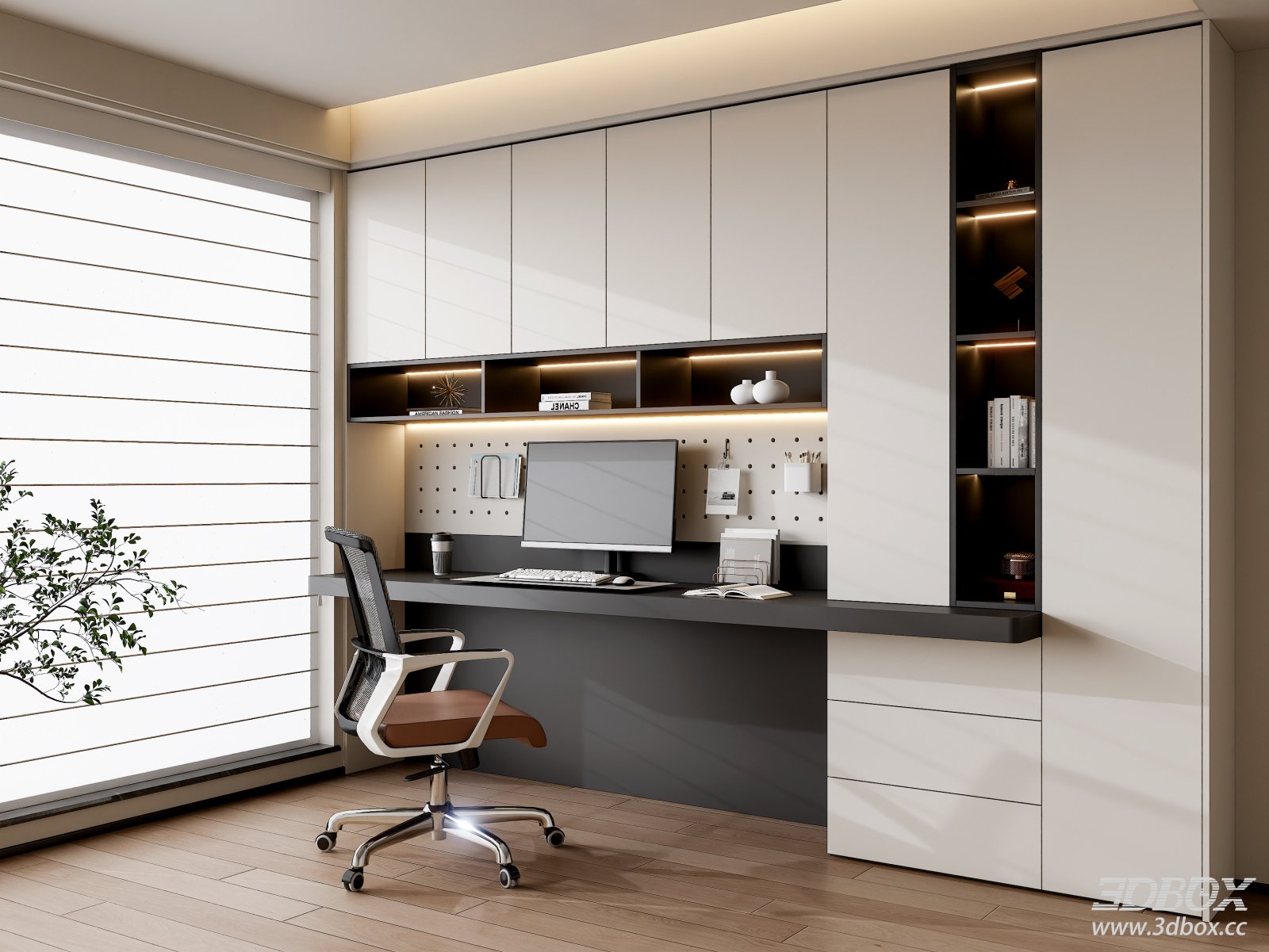 Modern Minimalist Home Work Room with Integrated Desk Bookshelf