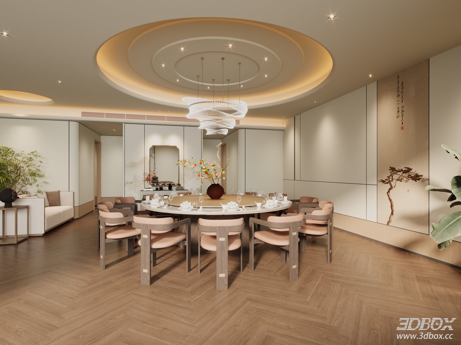 New Chinese Style Cream Private Dining Room Interior Scene