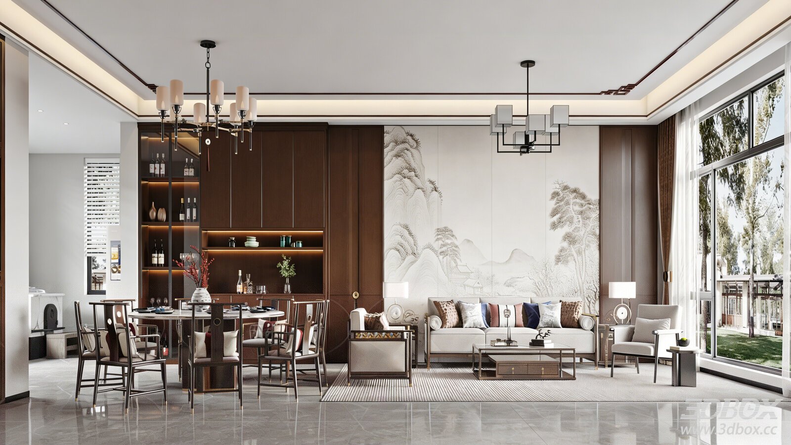 New Chinese Style Villa Living And Dining Room Interior