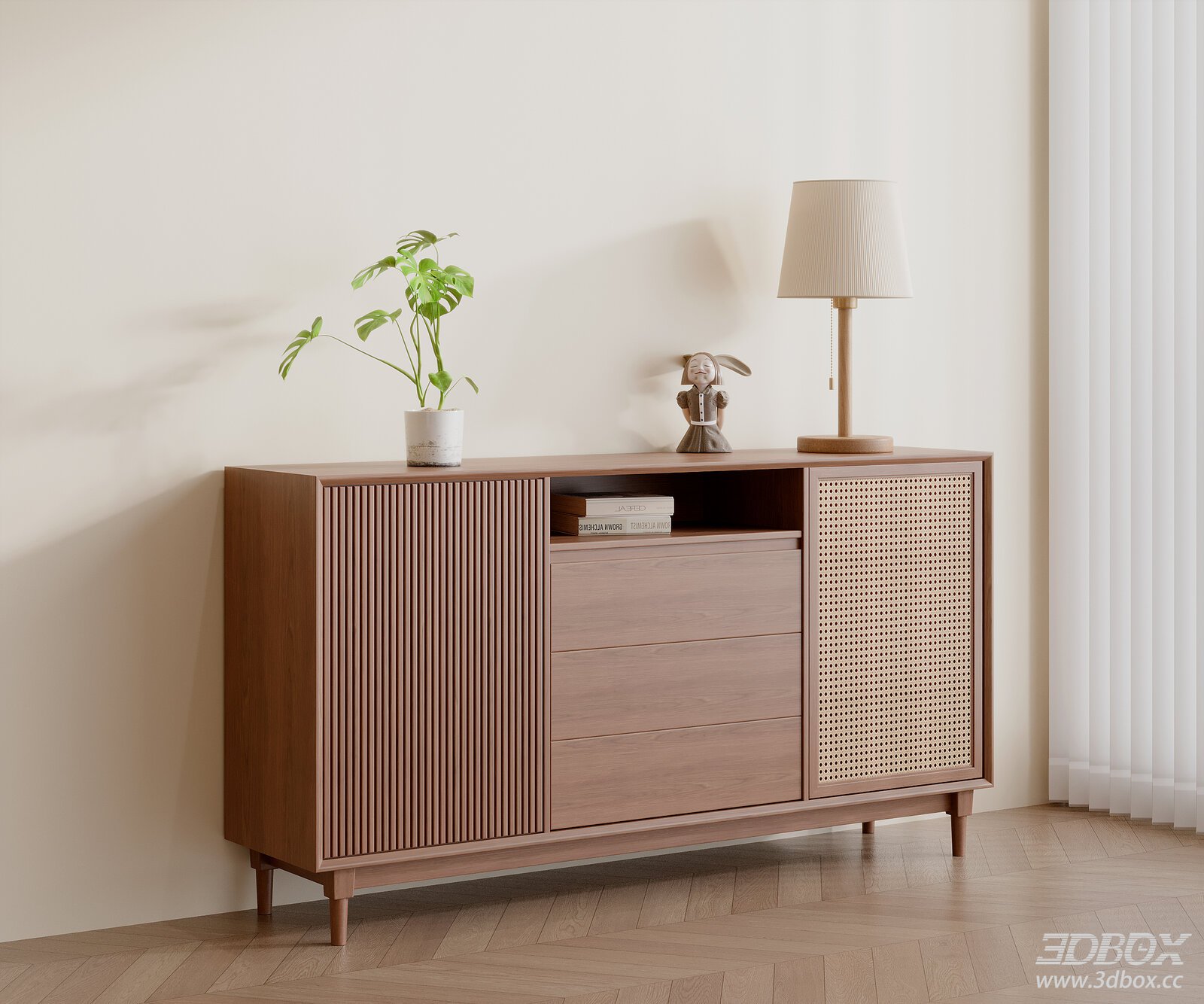 Mid Century Walnut Rattan Hallway Sideboard