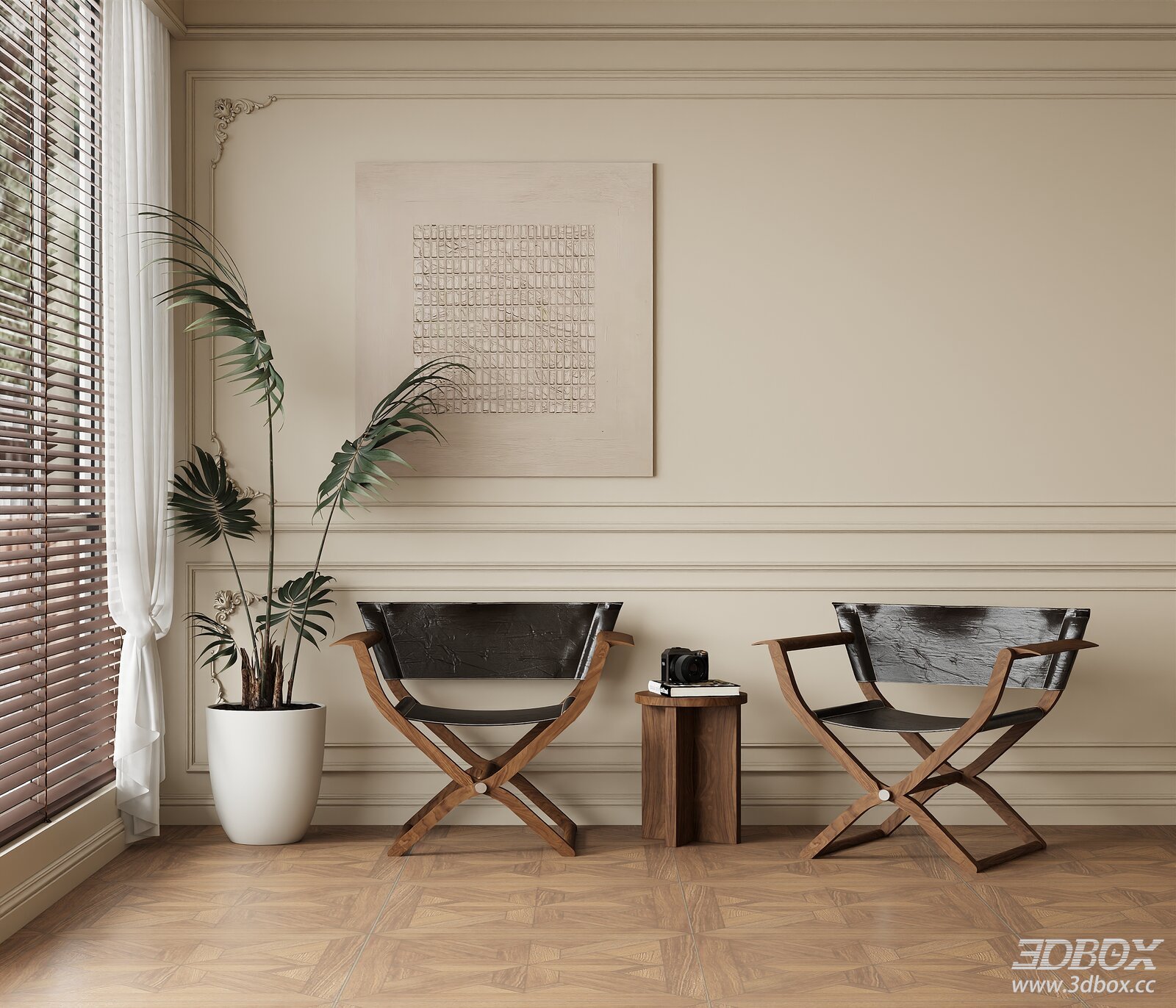 Mid Century Vintage Leather Wooden Armchair Set