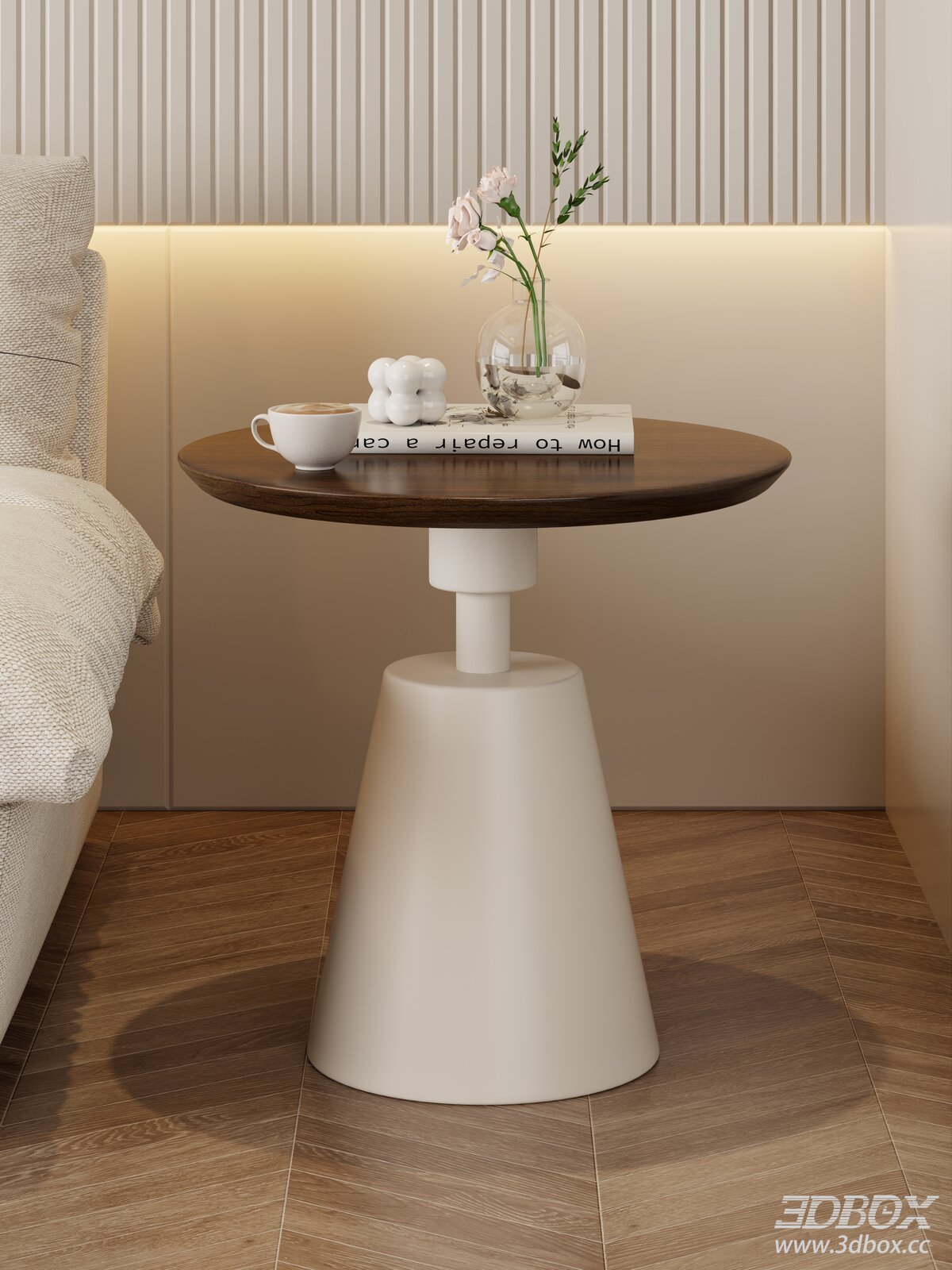 Modern Wooden Top Cream Base Round Side Table