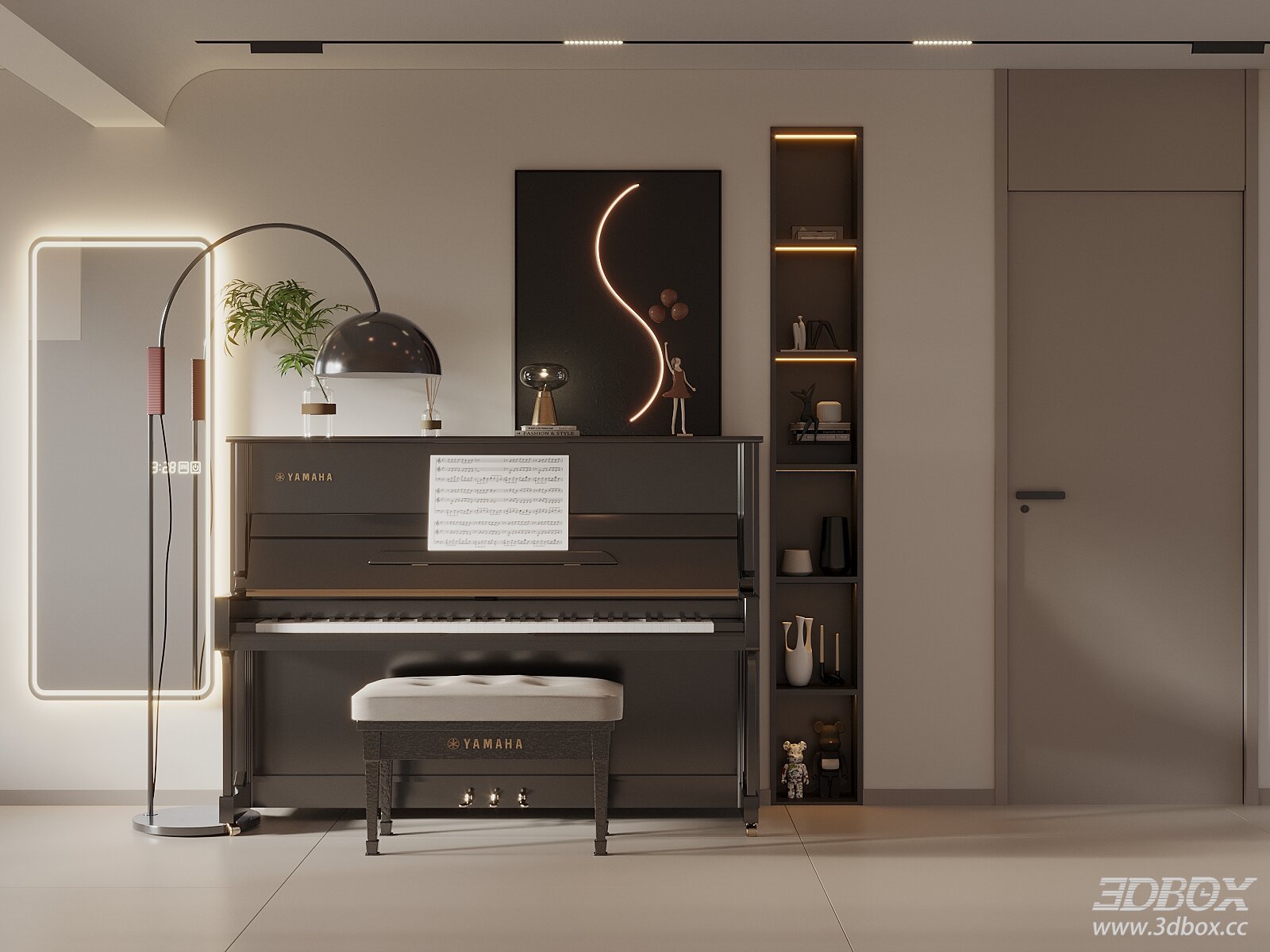 Modern Cream Style Piano Nook with Upright Piano and Decor
