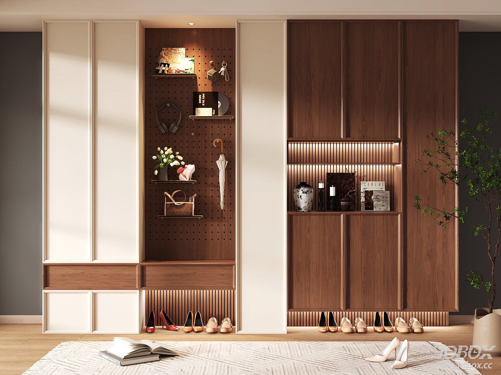 Modern Wooden Hallway Shoe Cabinet with Perforated Panel