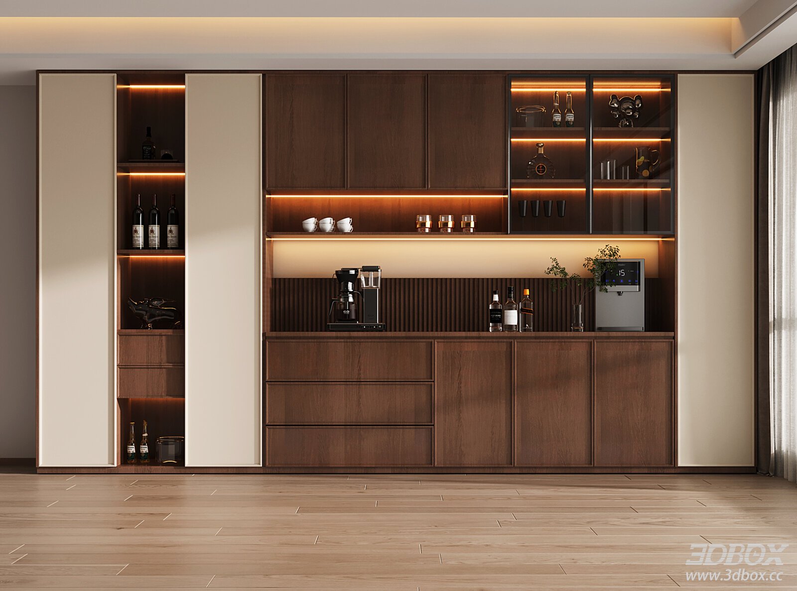 Mid Century Walnut Wine Cabinet Sideboard with LED Lighting