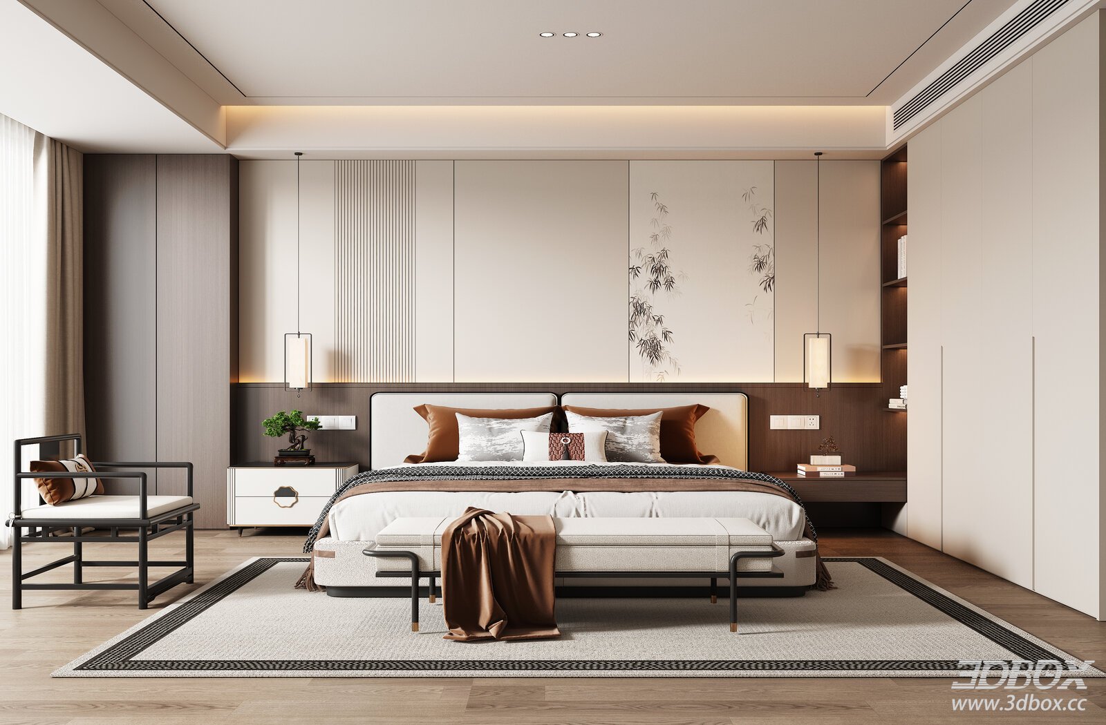 New Chinese Style Luxury Bedroom Interior Scene