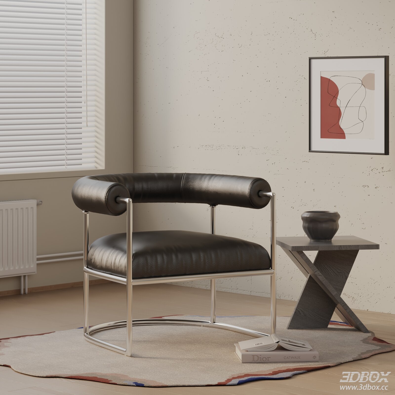 Modern Black Leather Armchair with Metal Frame