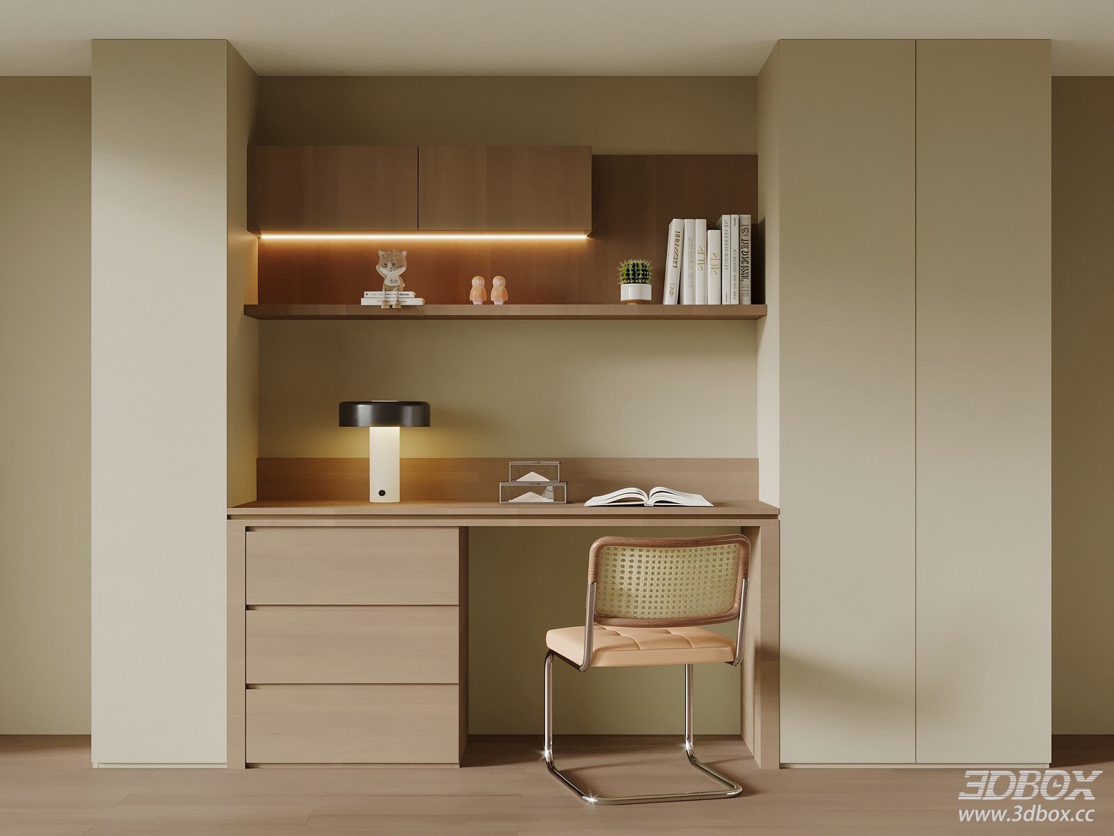 Modern Minimalist Wooden Work Desk with Bookshelf and Rattan Chair