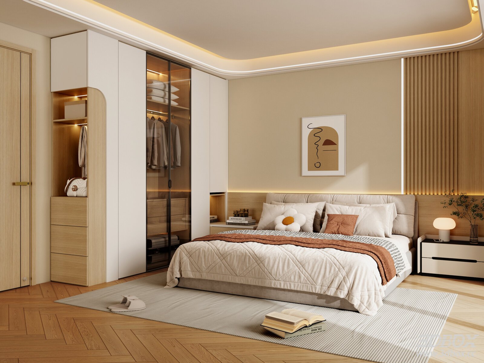 Modern Wood Style Cozy Bedroom Interior Scene