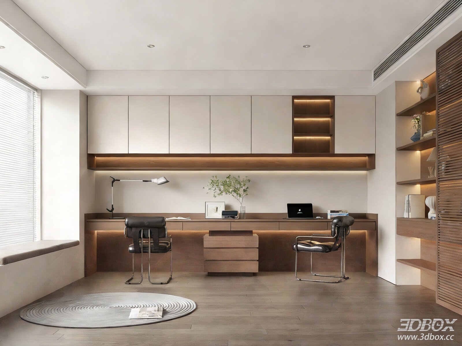 Modern Wood Open Study Room with Double Desks and Bookcases