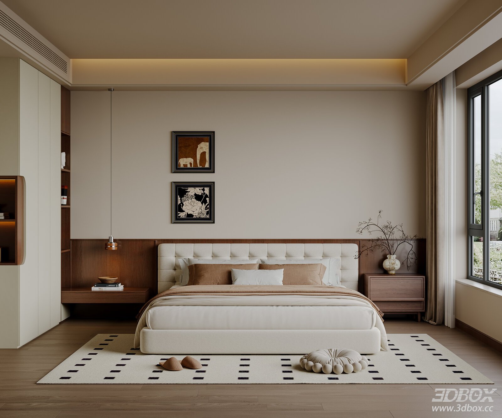 Mid-Century Modern Bedroom with Fabric Double Bed and Wardrobe