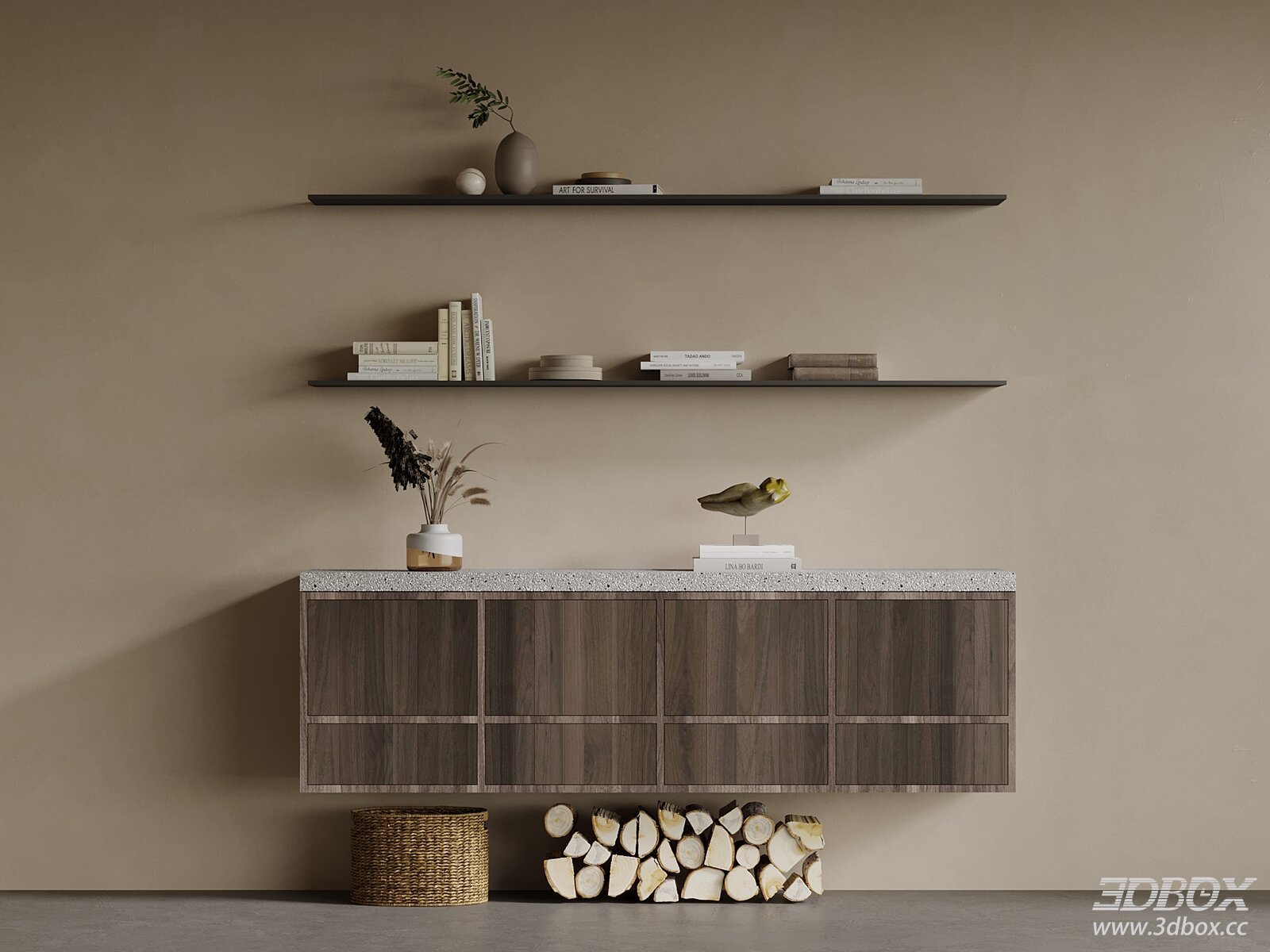 Modern Walnut Wall Mounted Sideboard with Wall Shelves