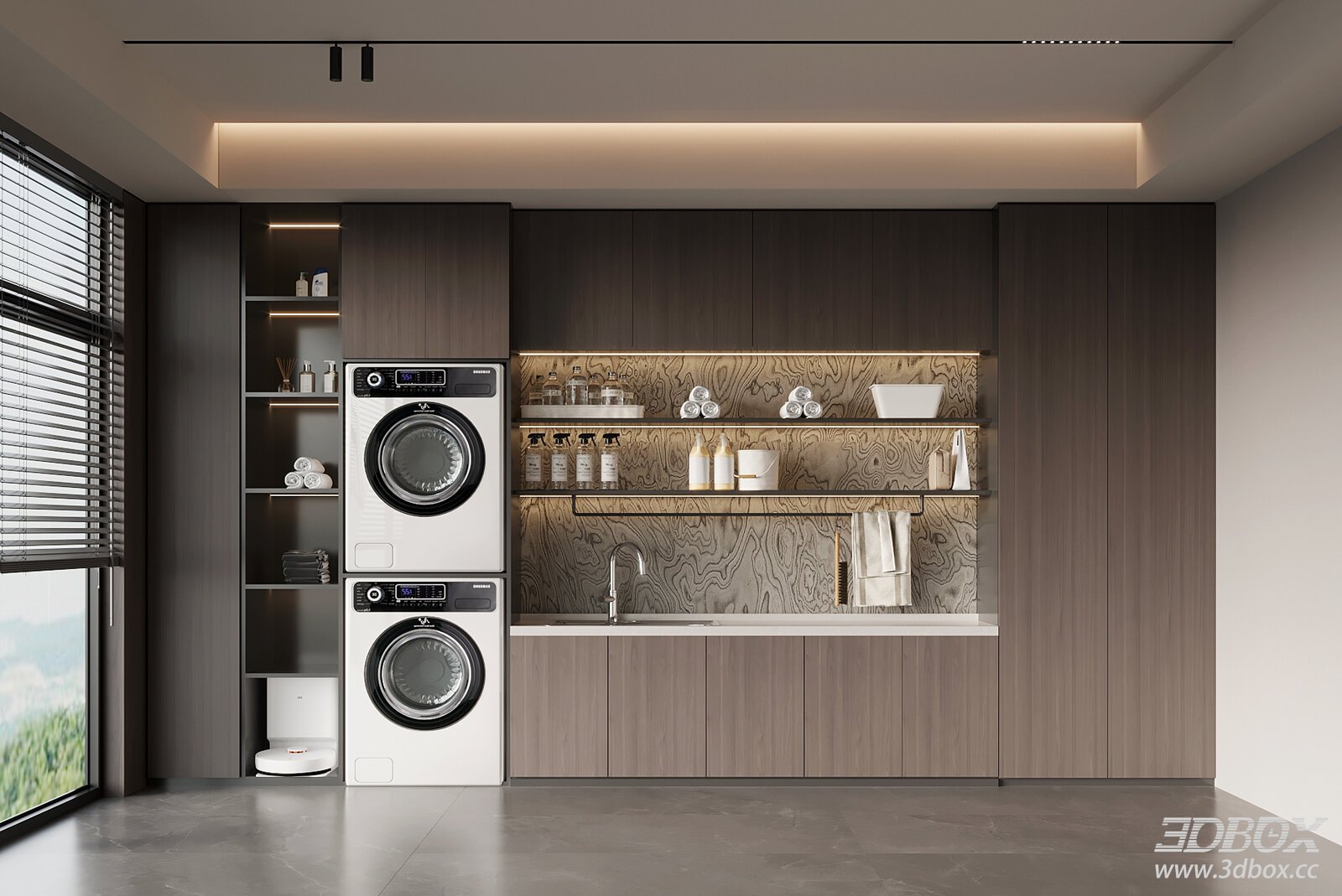 Modern Italian Minimalist Laundry Room with Washer Dryer Cabinets