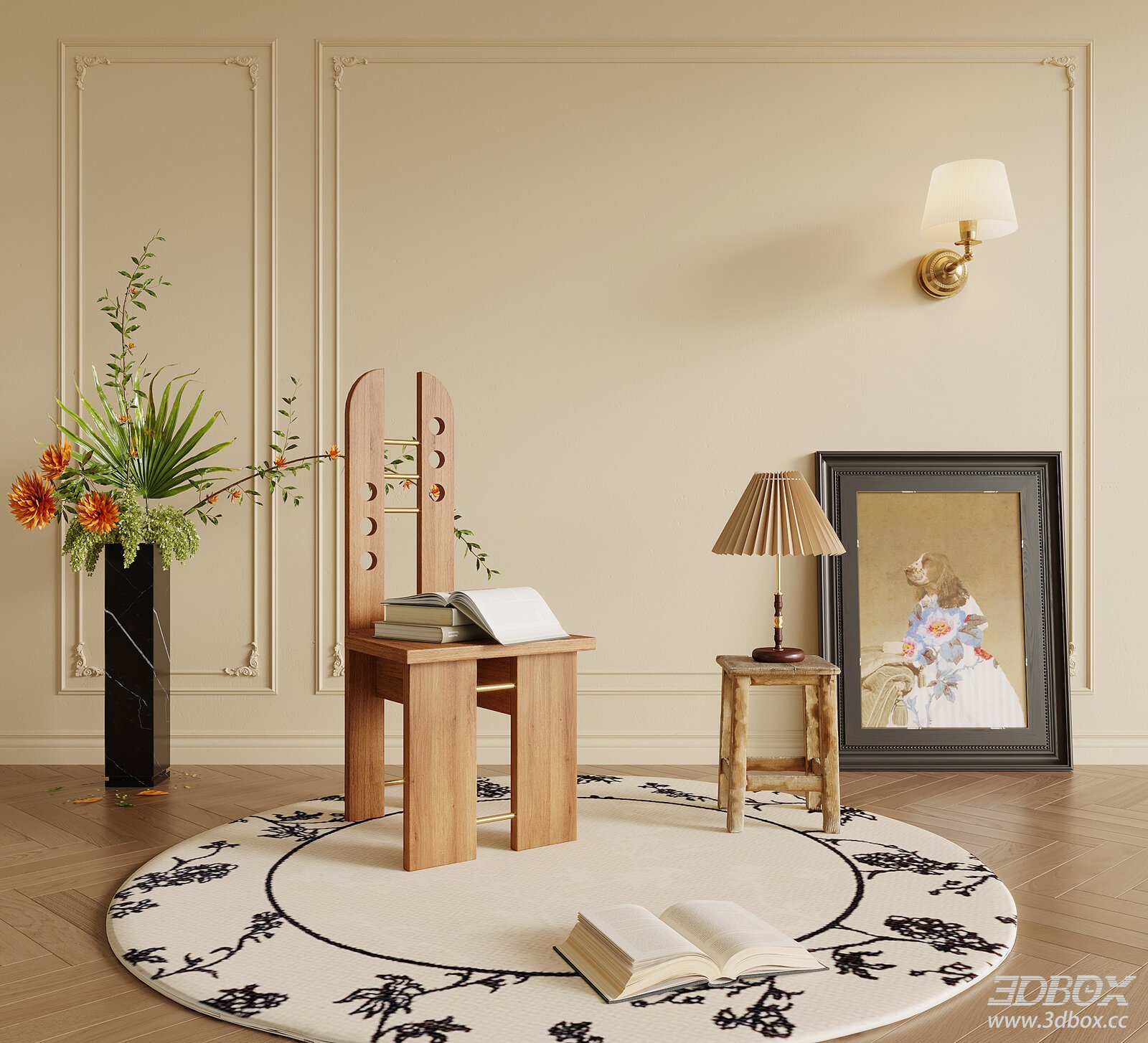 French Style Wooden Armchair Side Table Decor Set