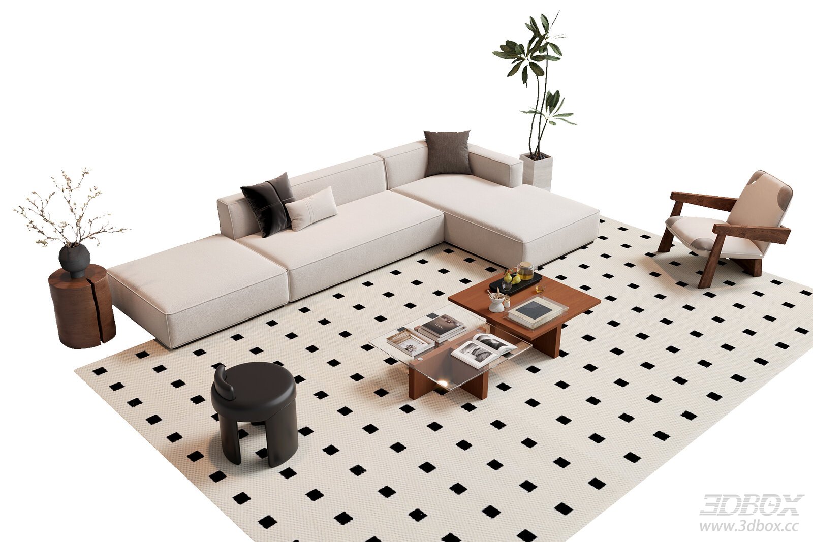 Modern Wabi Sabi Style Sofa Set with Coffee Tables and Armchair