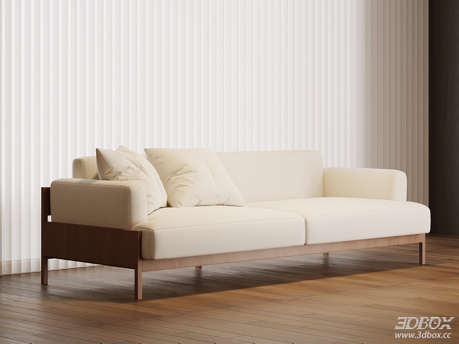 Modern Mid-Century Cream Fabric Sofa with Wooden Frame