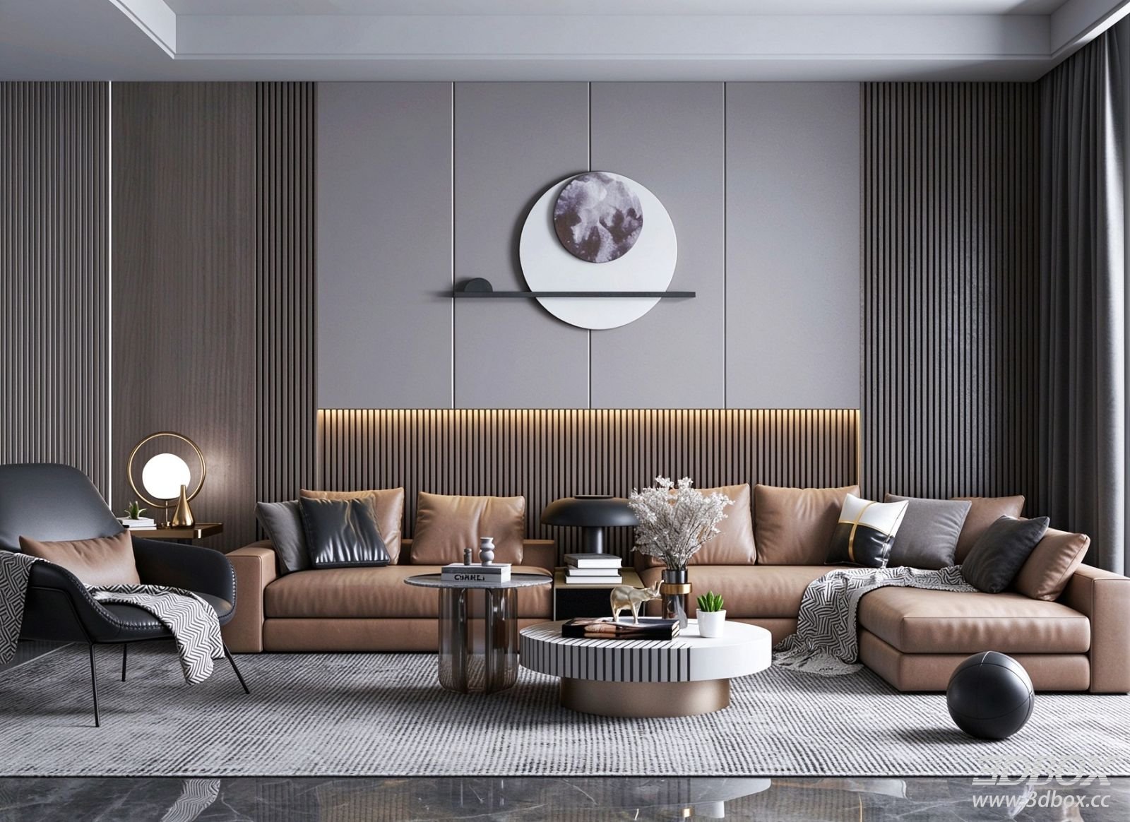Modern Luxury Living Room with Leather Sofa and Coffee Table Set