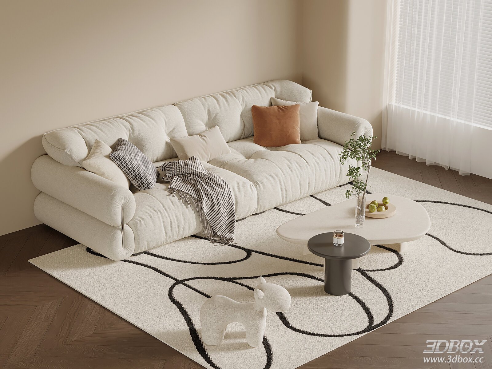 Modern Cream Style Fabric Sofa and Coffee Table Set
