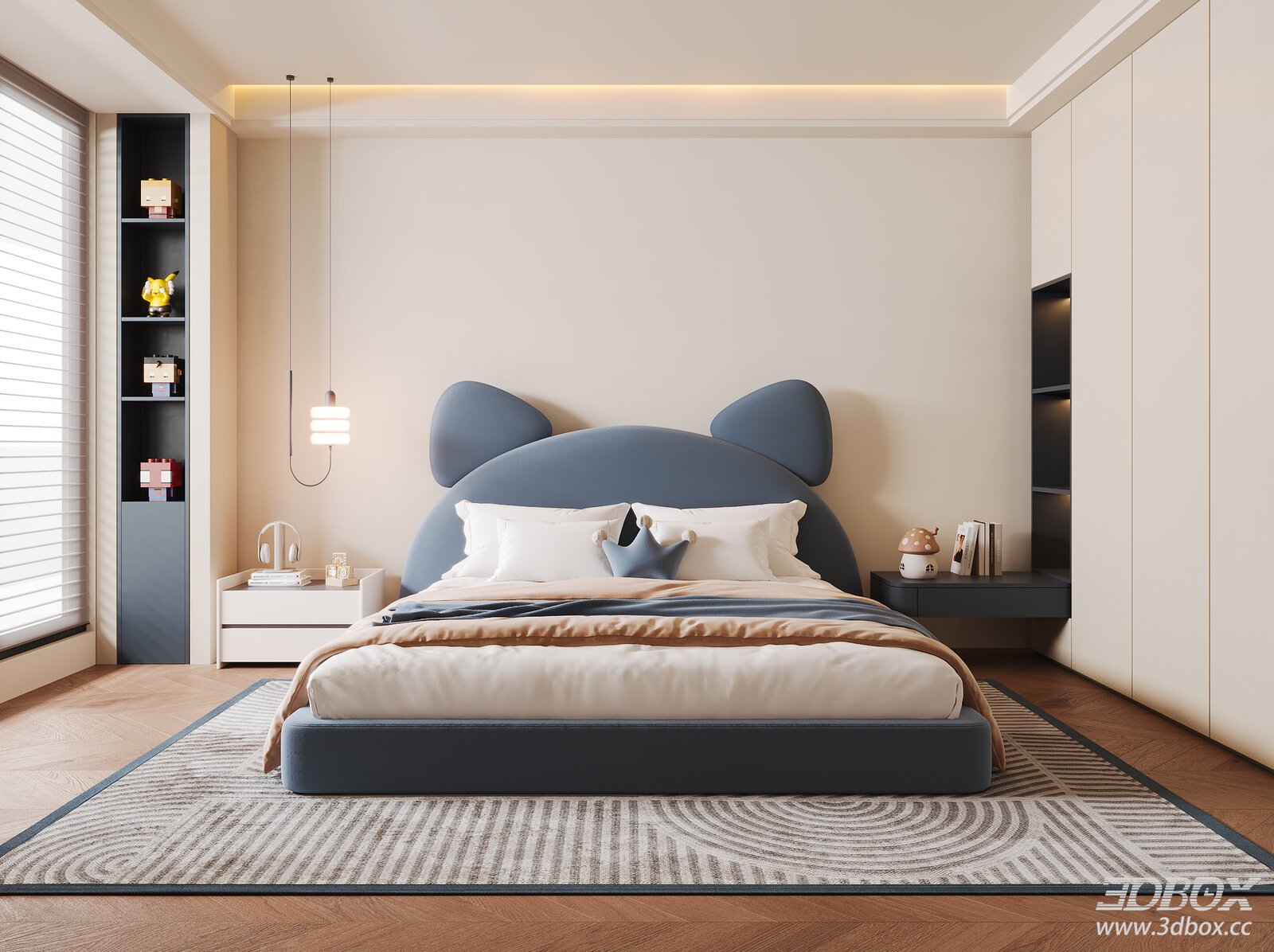 Modern Boys Bedroom with Cartoon Double Bed and Decor