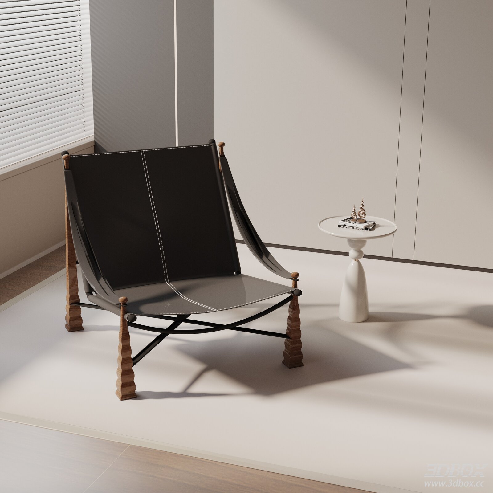 Modern Leather Wood Armchair with Side Table