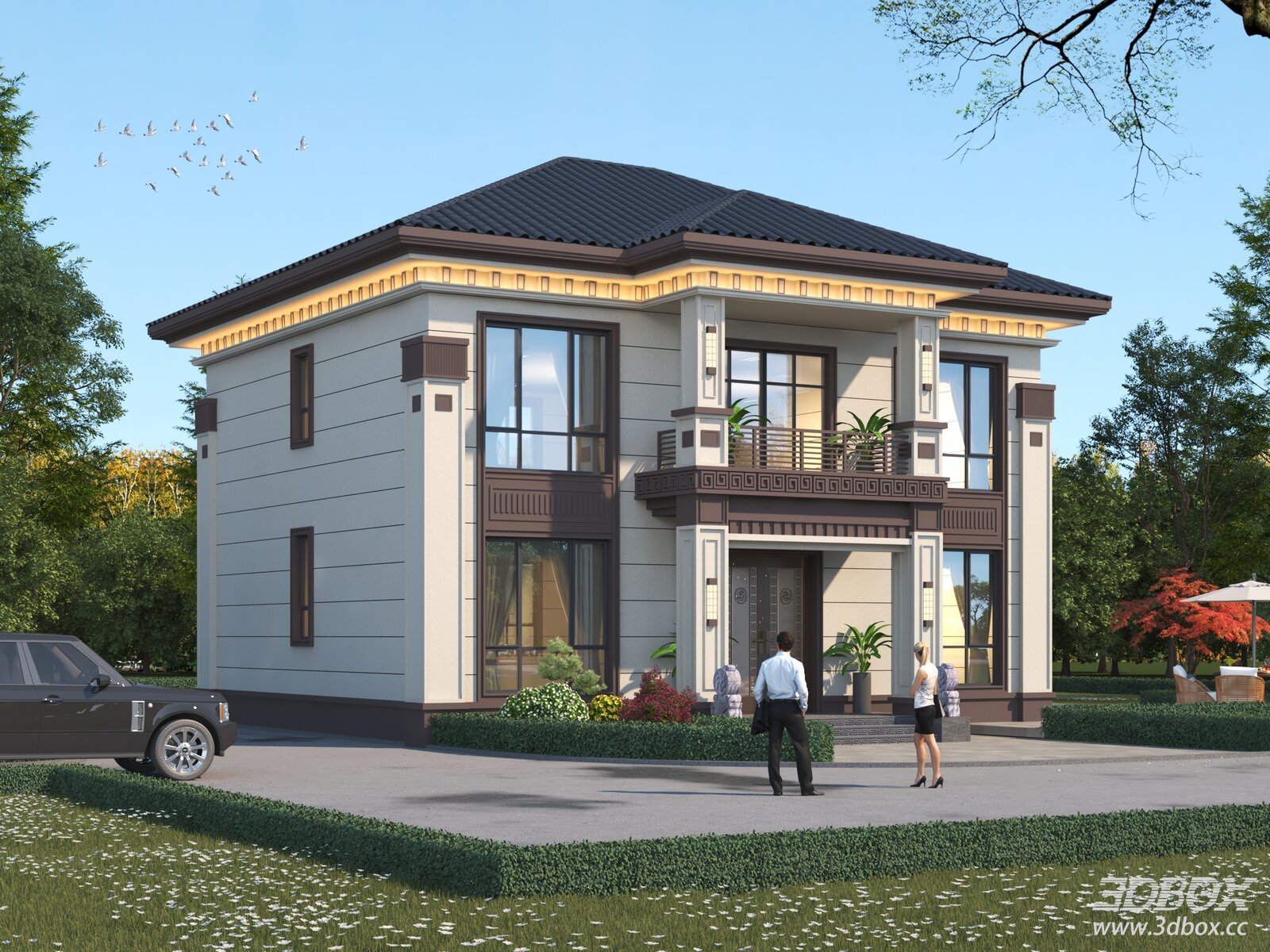 New Chinese Style Two Story Villa Exterior Scene