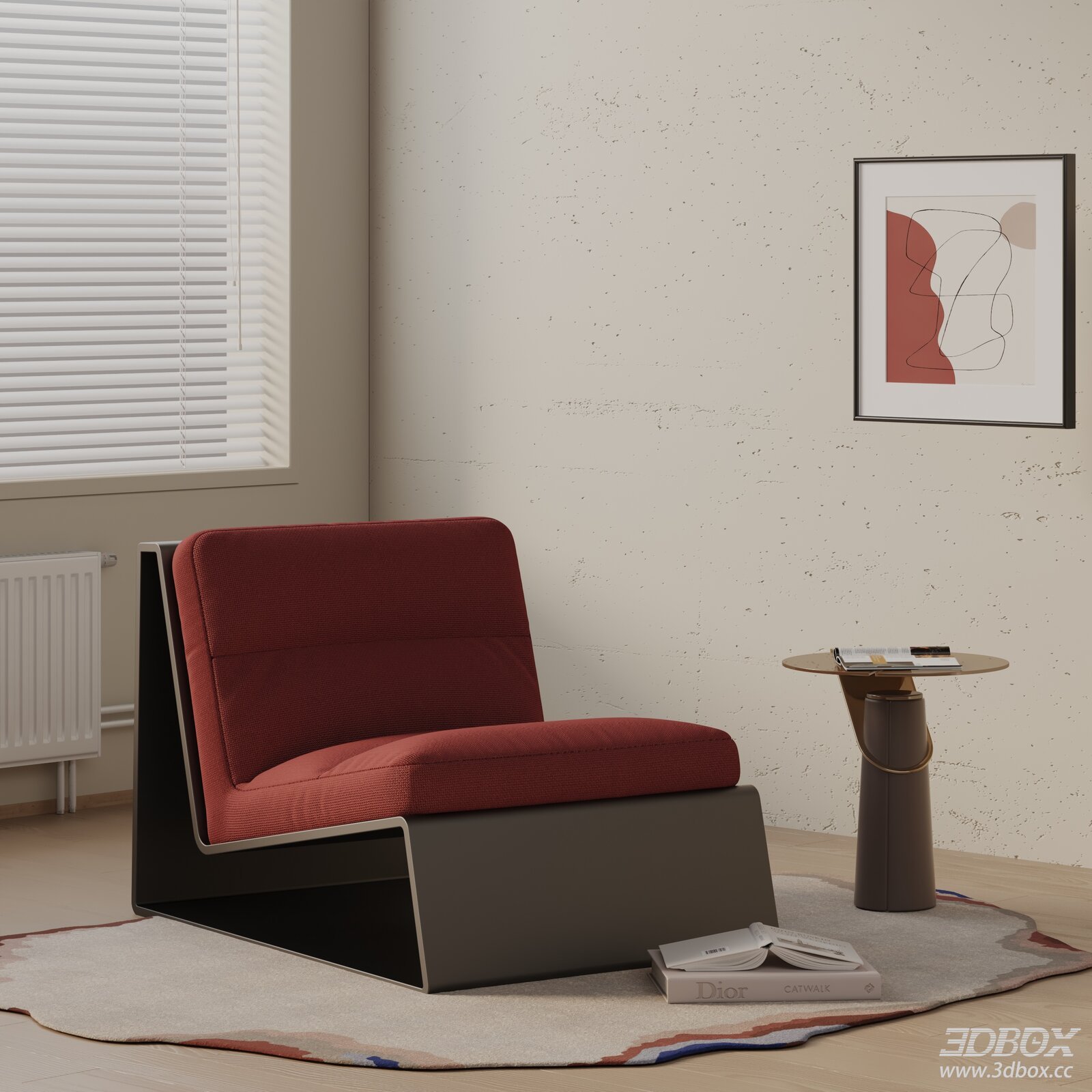 Modern Red Fabric Armchair with Side Table