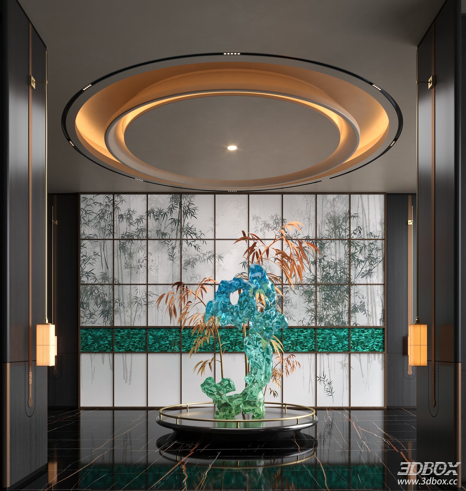 New Chinese Style Hotel Lobby With Glass Art Installation