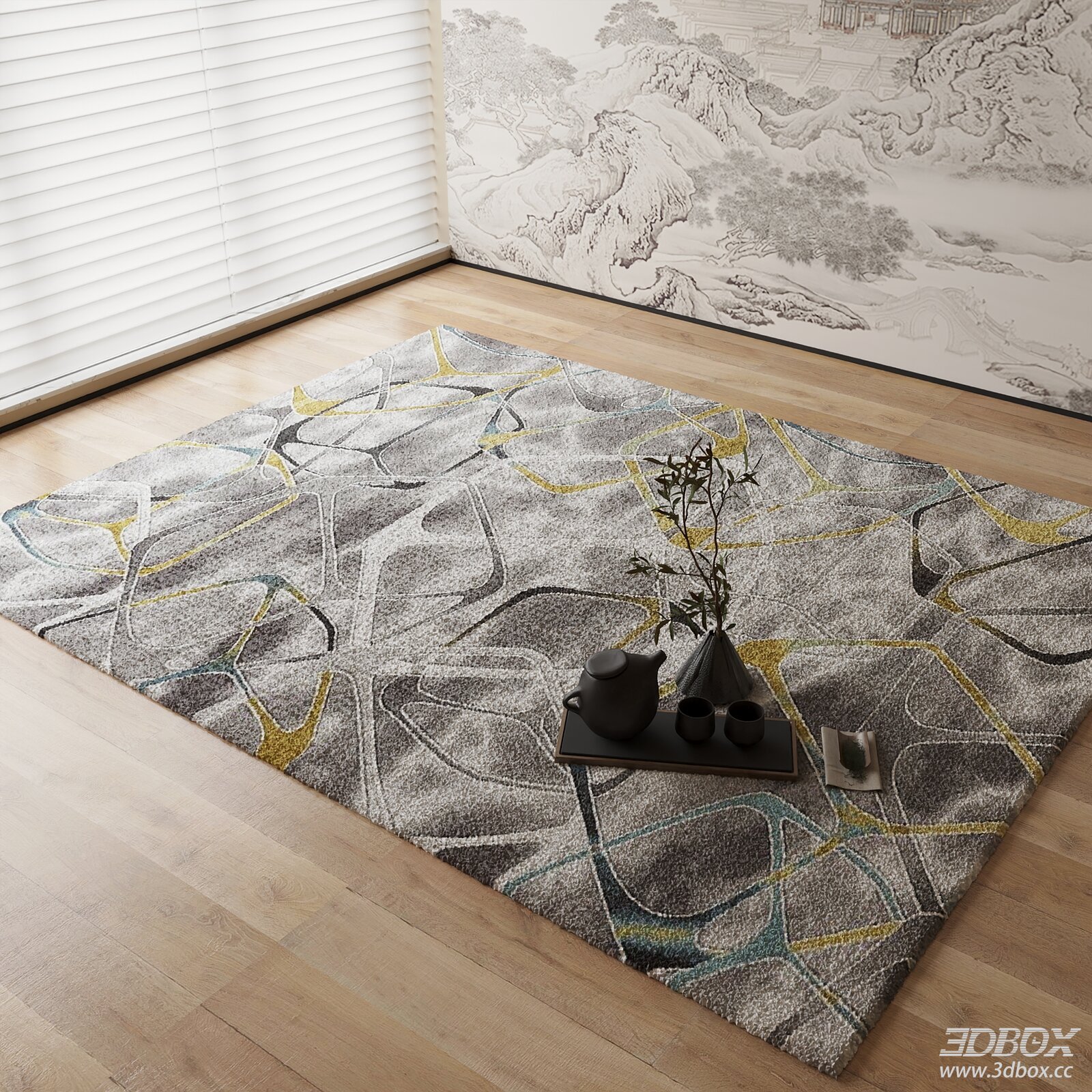 New Chinese Style Geometric Pattern Grey Carpet