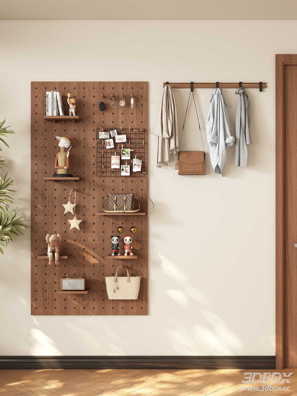 Mid Century Modern Wooden Pegboard Wall Mounted Storage Rack