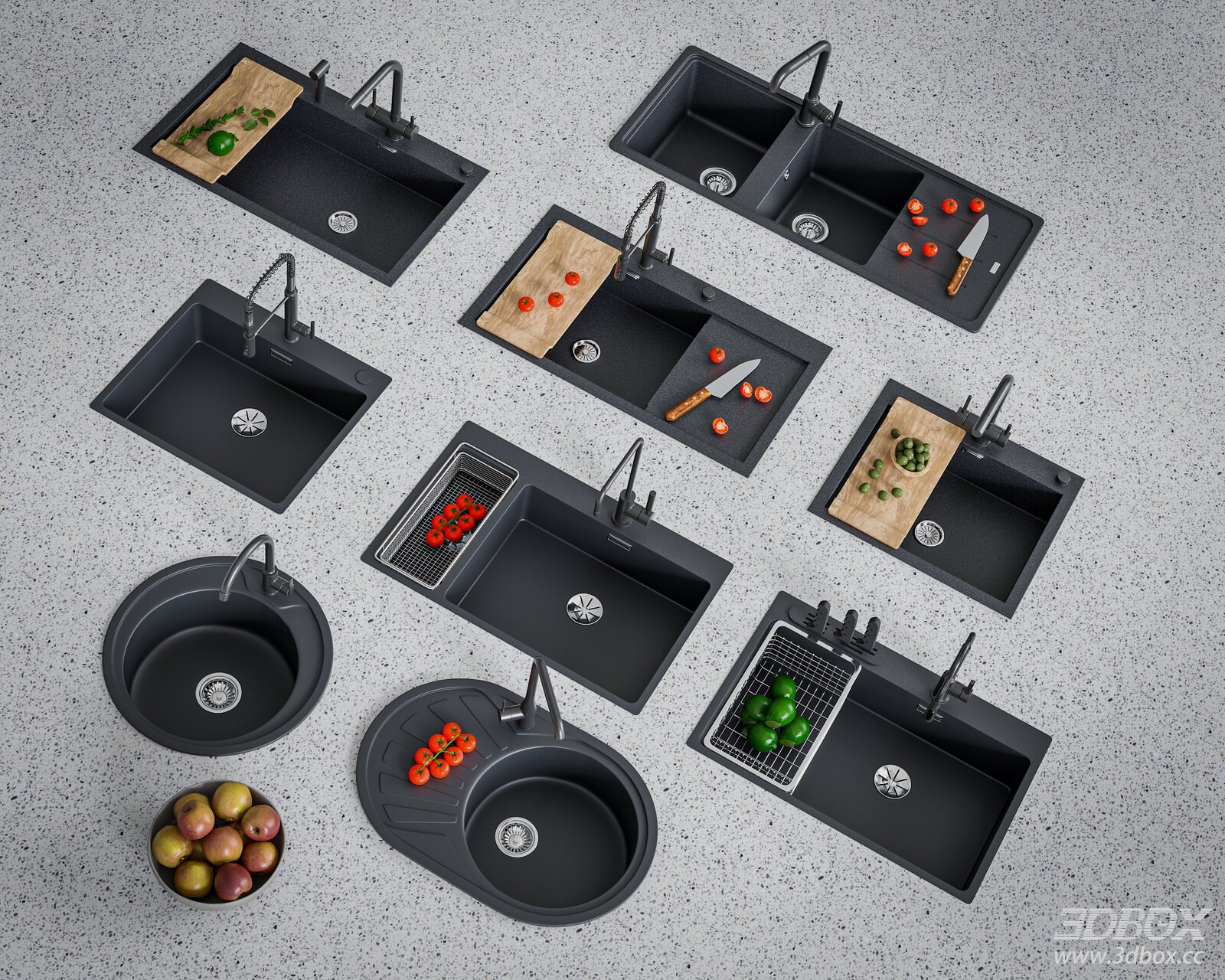 Modern Black Quartz Kitchen Sink Set with Faucets