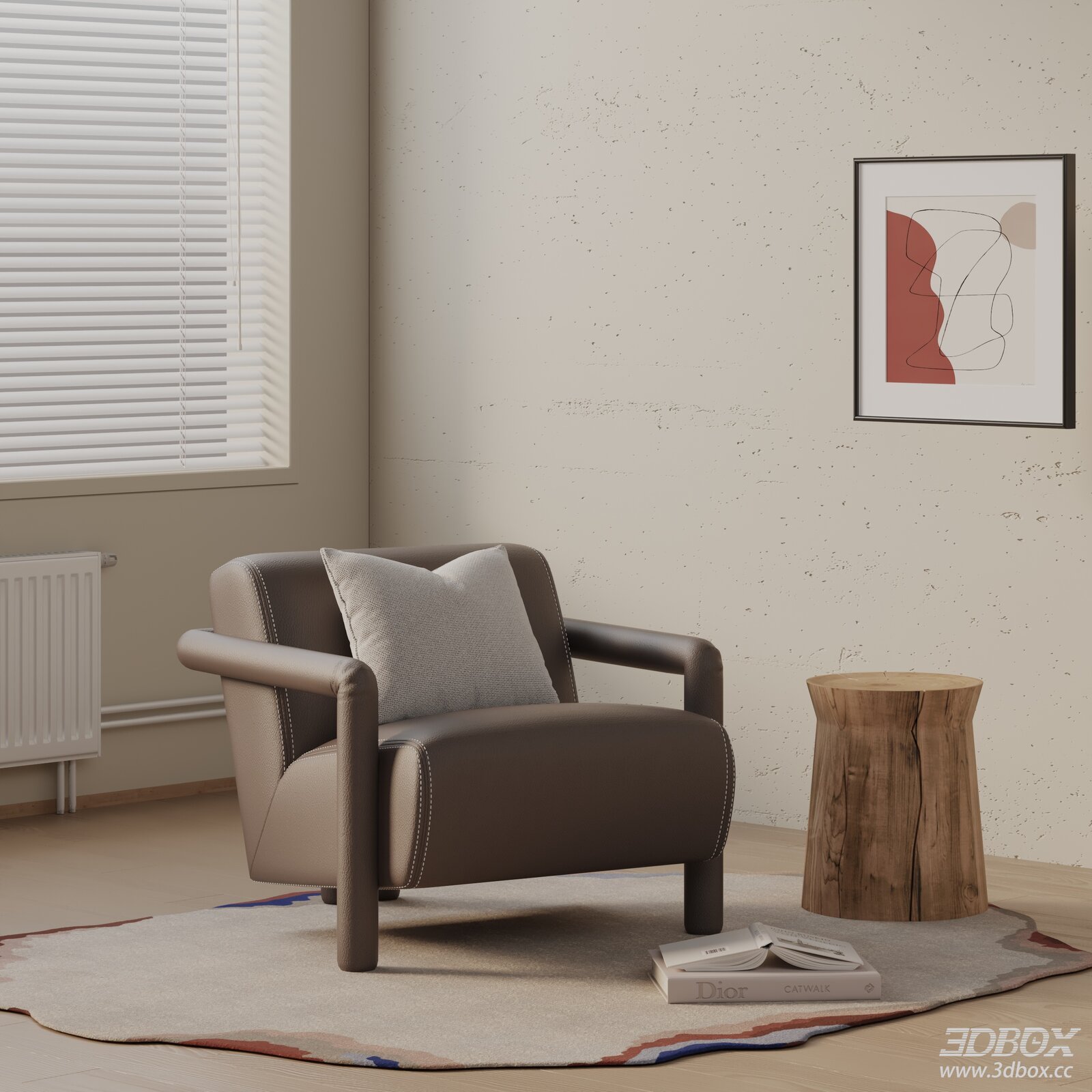Modern Leather Armchair with Side Table and Decor