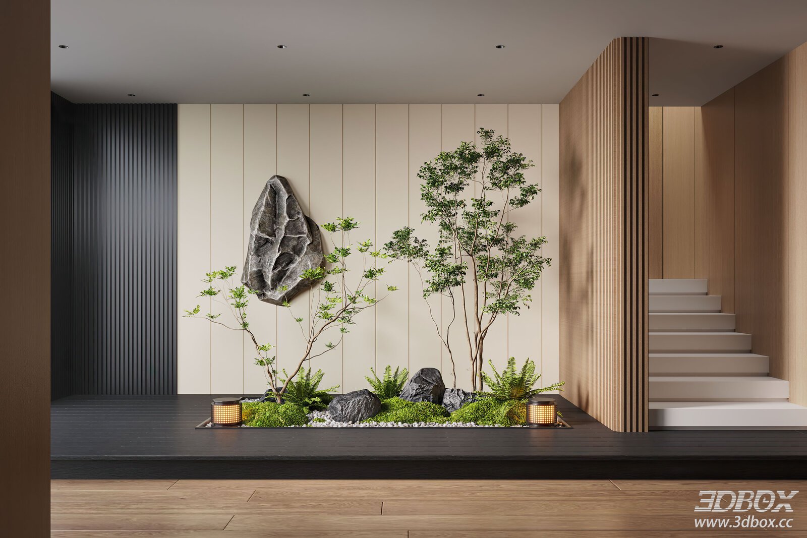 Modern Indoor Landscape Decor with Plants Moss and Decorative Stones