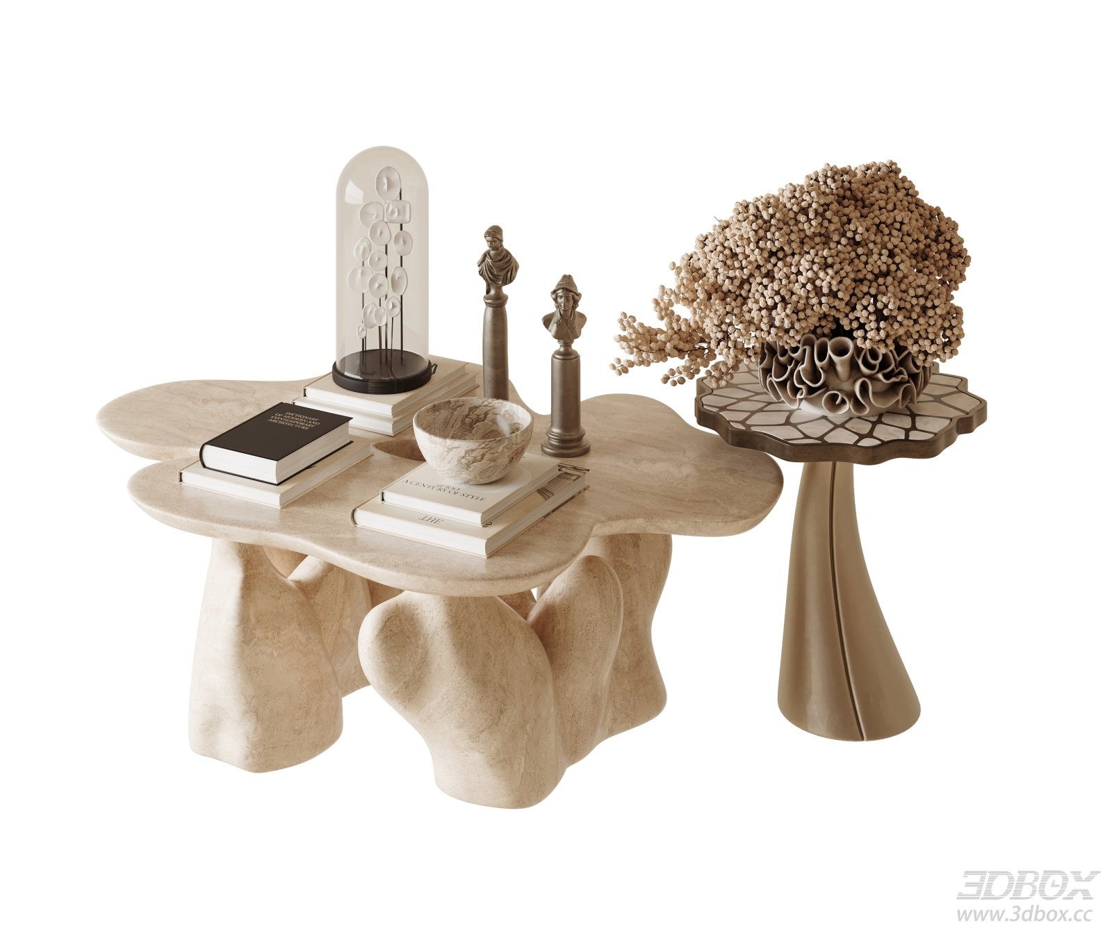 Cream Mid Century Modern Travertine Coffee Table Set