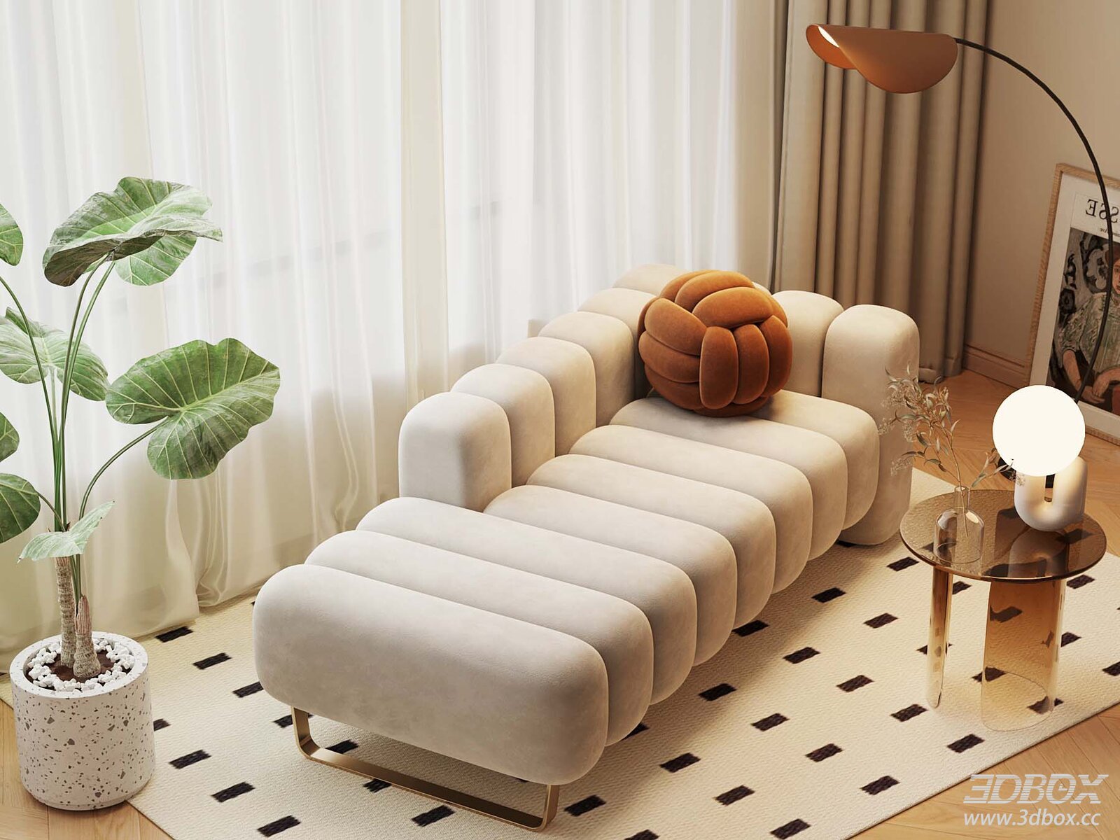 Cream Style Velvet Chaise Lounge Sofa Set