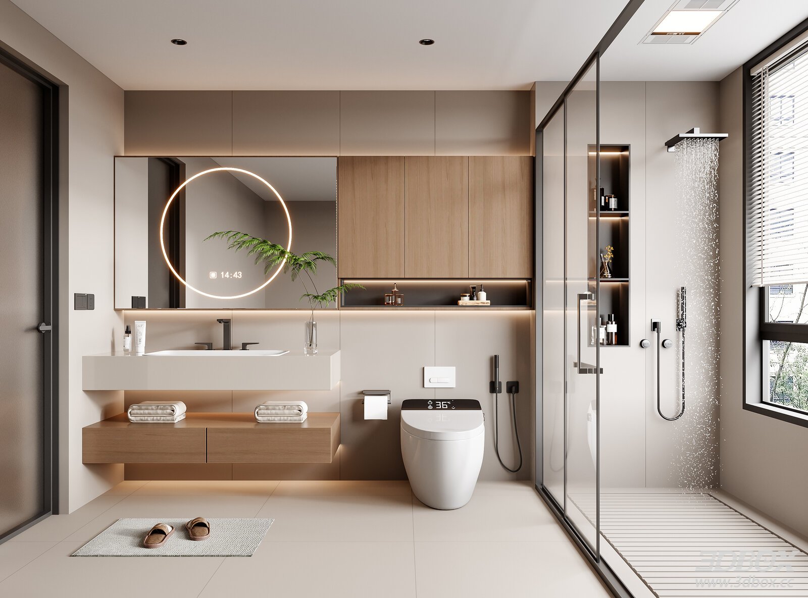 Modern Cream Style Minimalist Bathroom Interior Scene