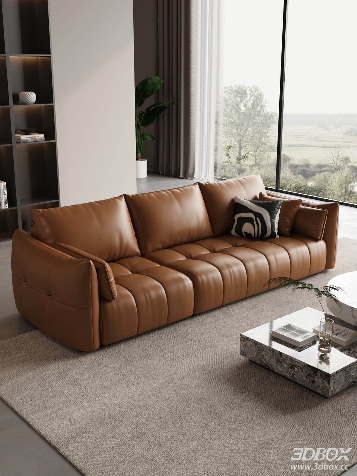 Mid Century Retro Brown Leather Sofa Set with Marble Coffee Table