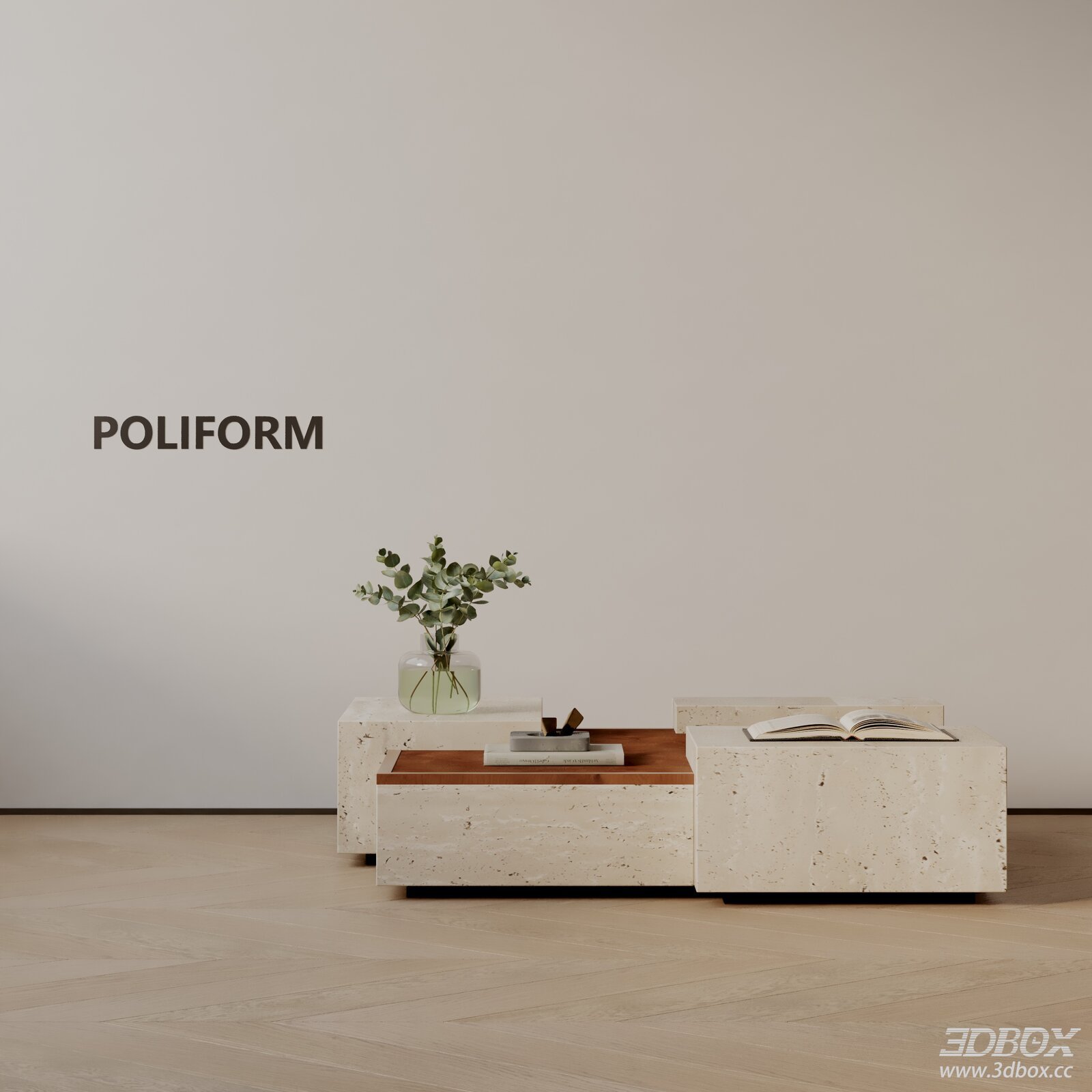 Modern Travertine Coffee Table with Wooden Top
