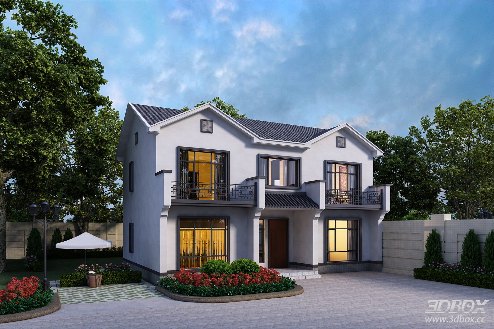 New Chinese Style Two Story Villa Exterior Scene