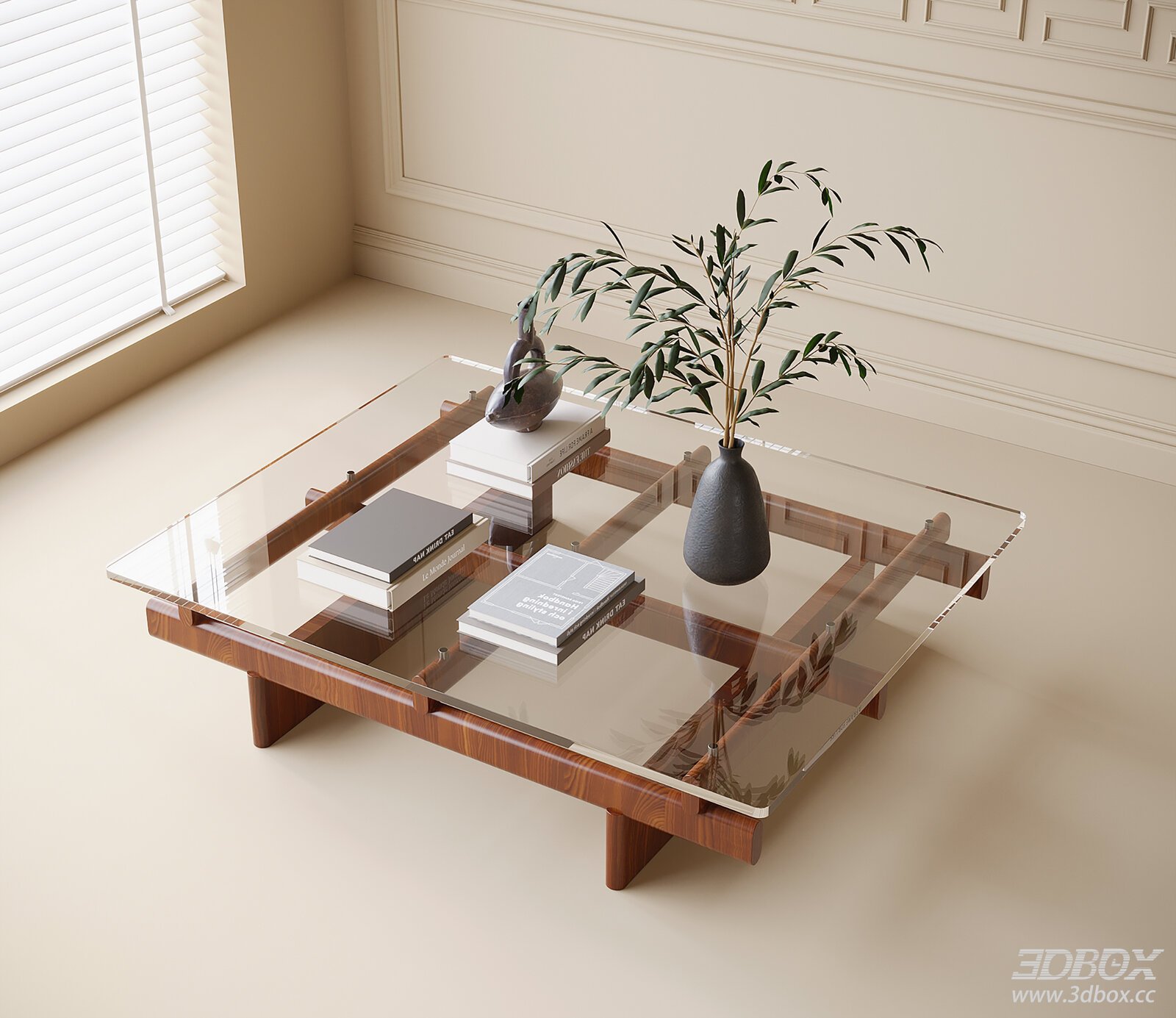 Modern Glass Top Wooden Frame Coffee Table