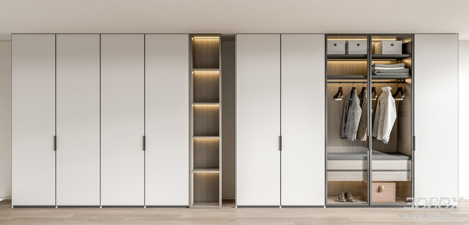 Modern Built-in Wardrobe with LED Lighting and Glass Doors