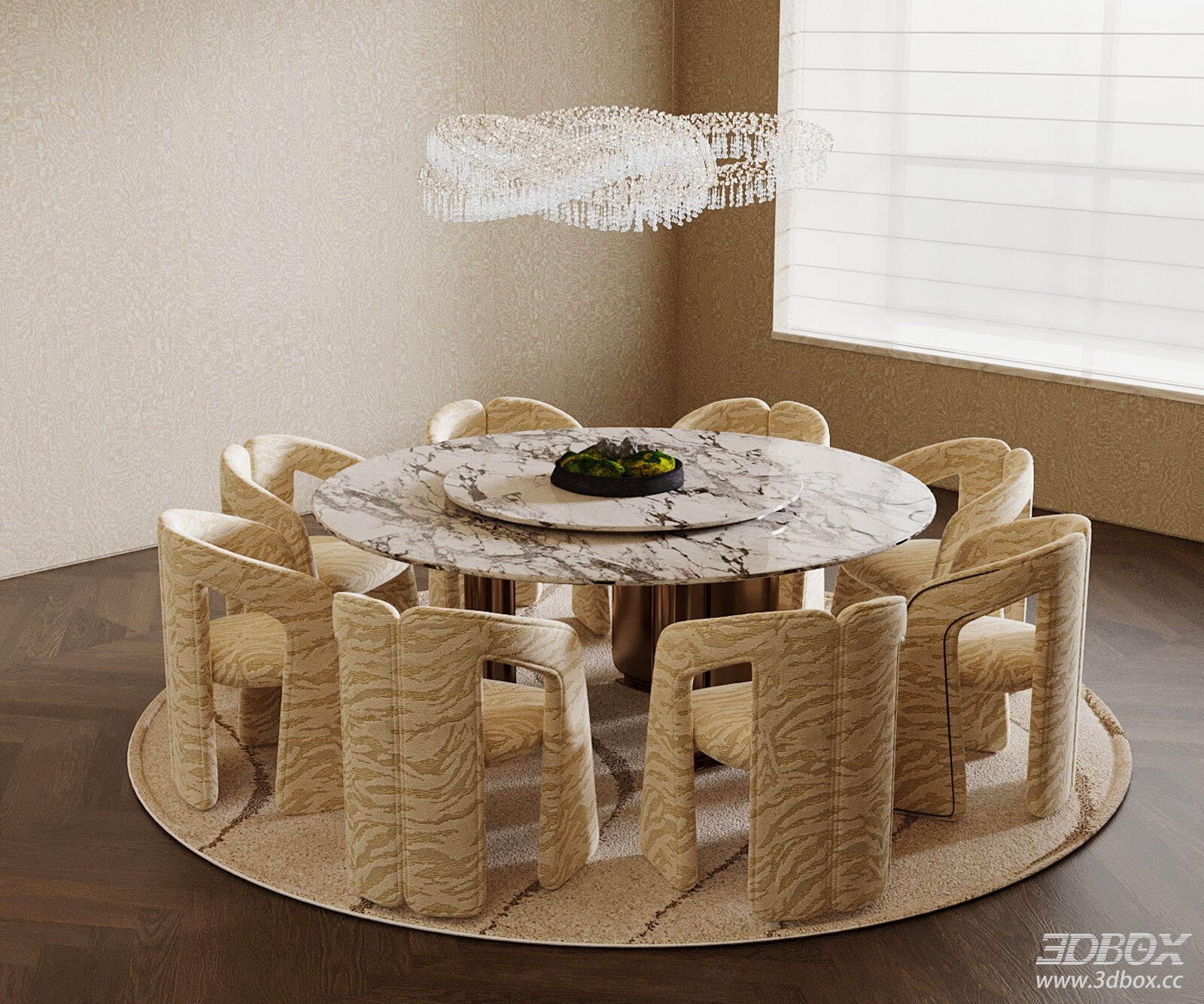 Modern Luxury Marble Round Dining Table and Fabric Chairs Set