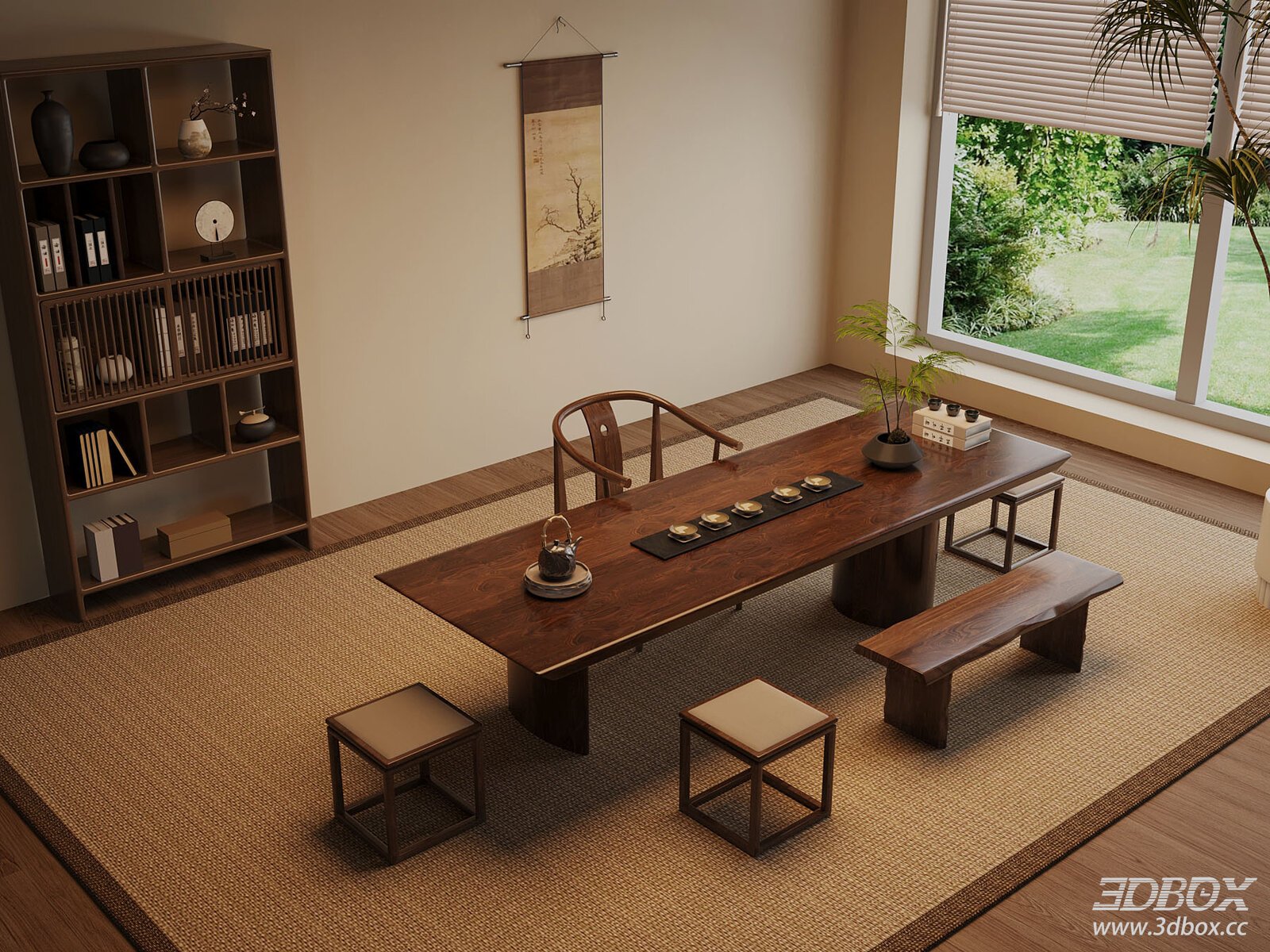 Wabi Sabi Vintage Solid Wood Tea Room Interior Scene