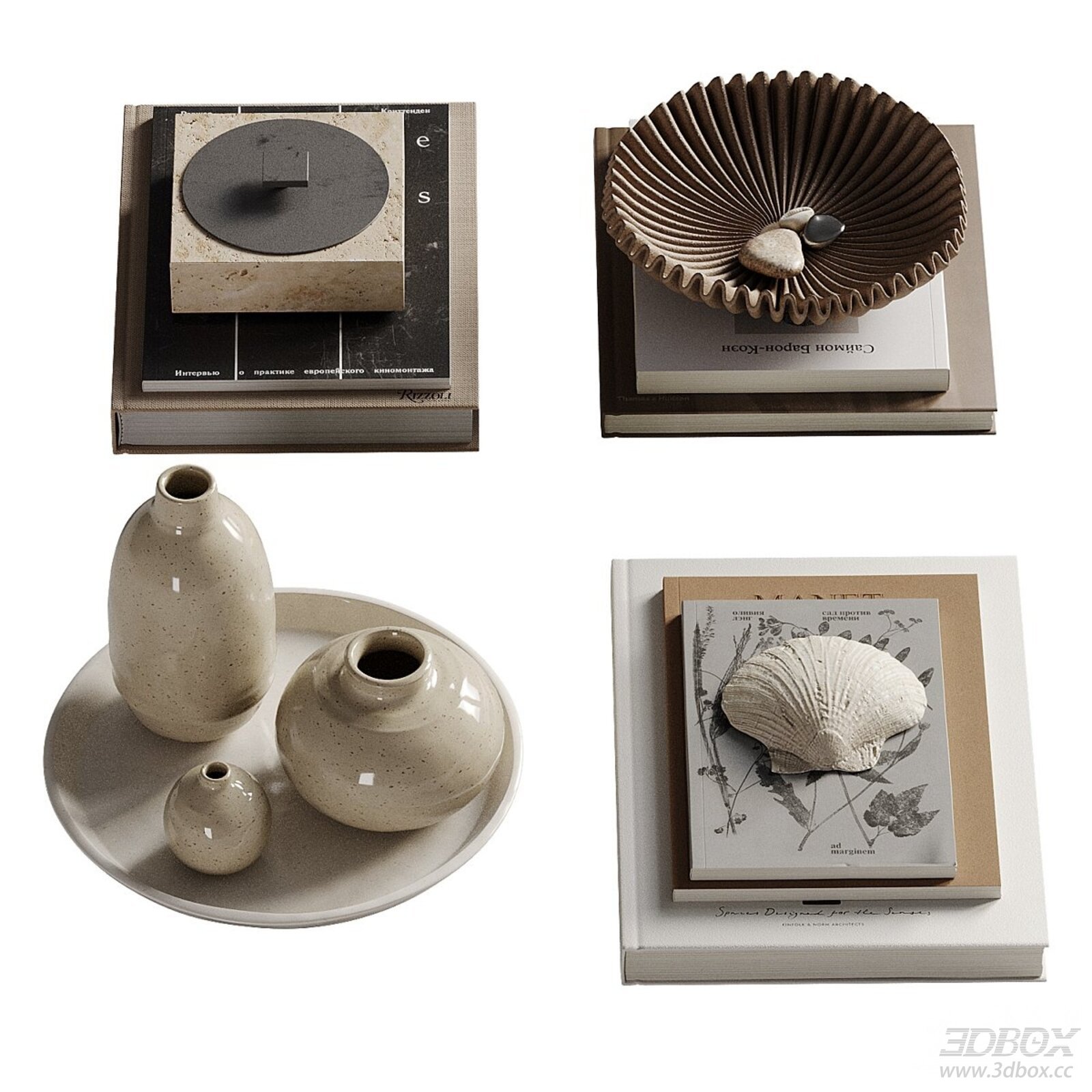 Modern Neutral Decorative Set with Books Vases and Shells
