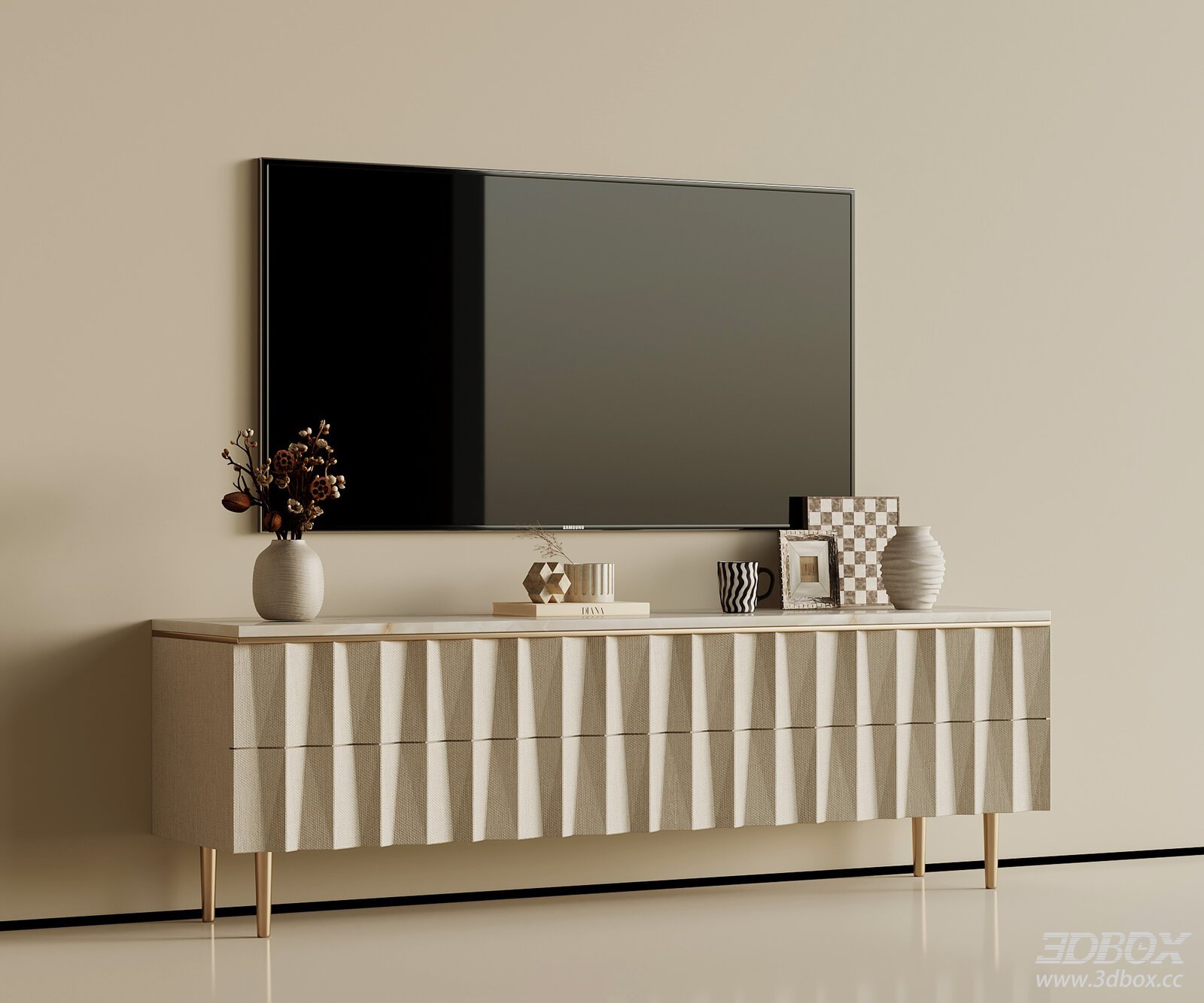 Modern Luxury TV Cabinet with Marble Top and Decorations