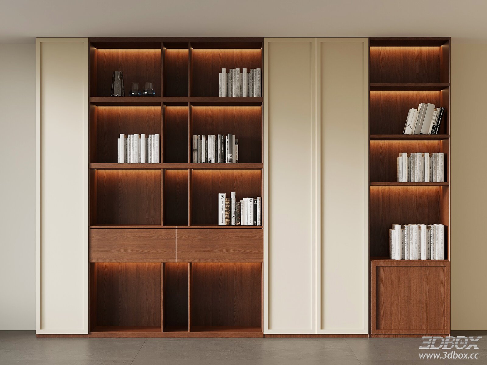 Modern Walnut Wood Display Bookshelf with Built-in Lighting