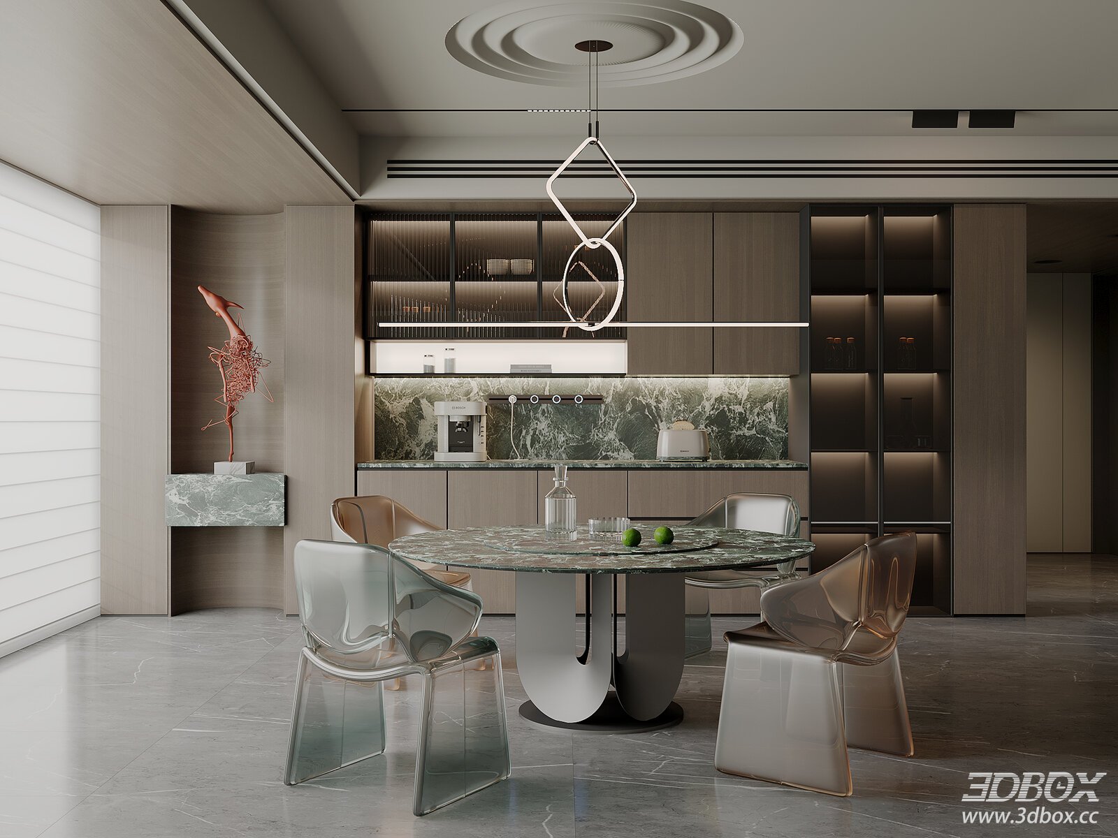 Modern Italian Style Dining Room with Round Marble Dining Table