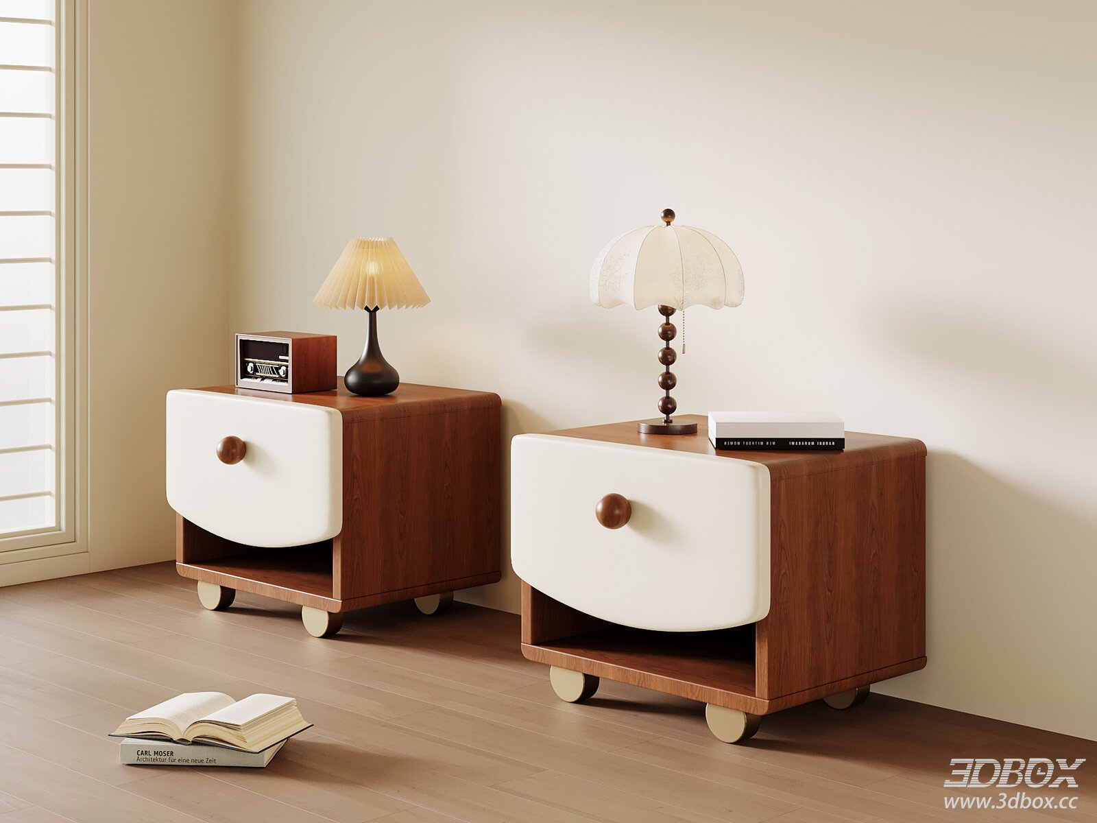 Vintage Wooden Nightstand Set with Leather Panel